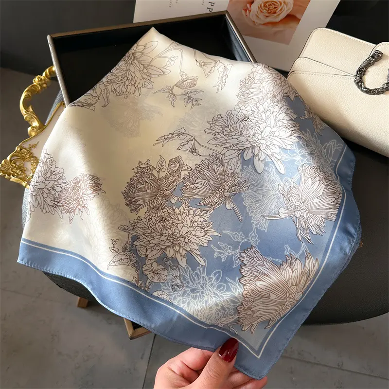 Elegant Floral Scarf Lady Square Silk Feeling Bandana Foulard Shawls Wraps Female Bufanda Scarves Neckerchief Hairband