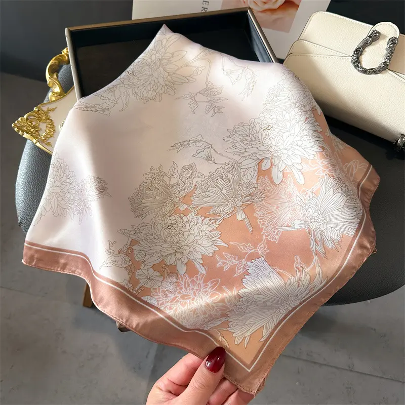 Elegant Floral Scarf Lady Square Silk Feeling Bandana Foulard Shawls Wraps Female Bufanda Scarves Neckerchief Hairband