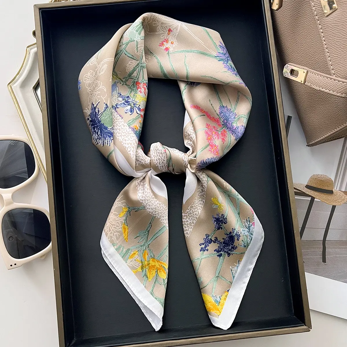 70cm Luxury Print Silk Square Scarf Women Hijab Hair Bands Neckerchief Female Satin Shawl Ribbon Headband Fashion Wraps Bandana