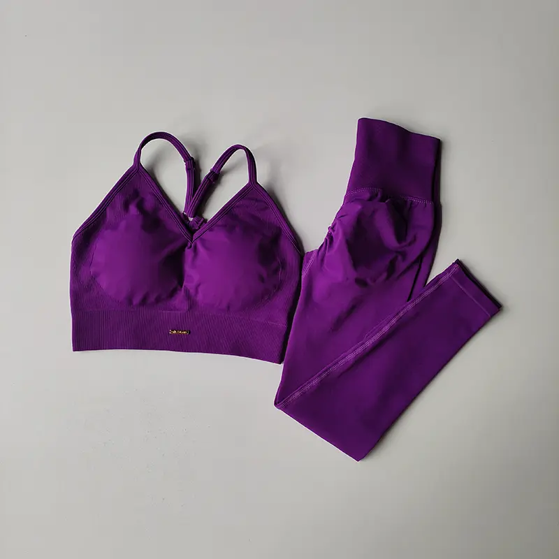 Seamless Hip Lifting Fitness Set Women's V-neck Bra Leggings Yoga Set Quick Drying Exercise Iron Massage High Fat Tight Pants