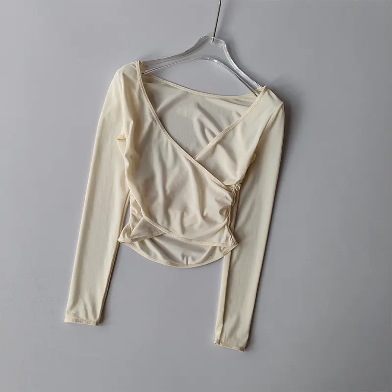 Sports T-shirt V-neck Mesh Breathable Prati Yoga Suit Cross Cover Long Sleeved Shirts Running Training Fitness Top Clothing