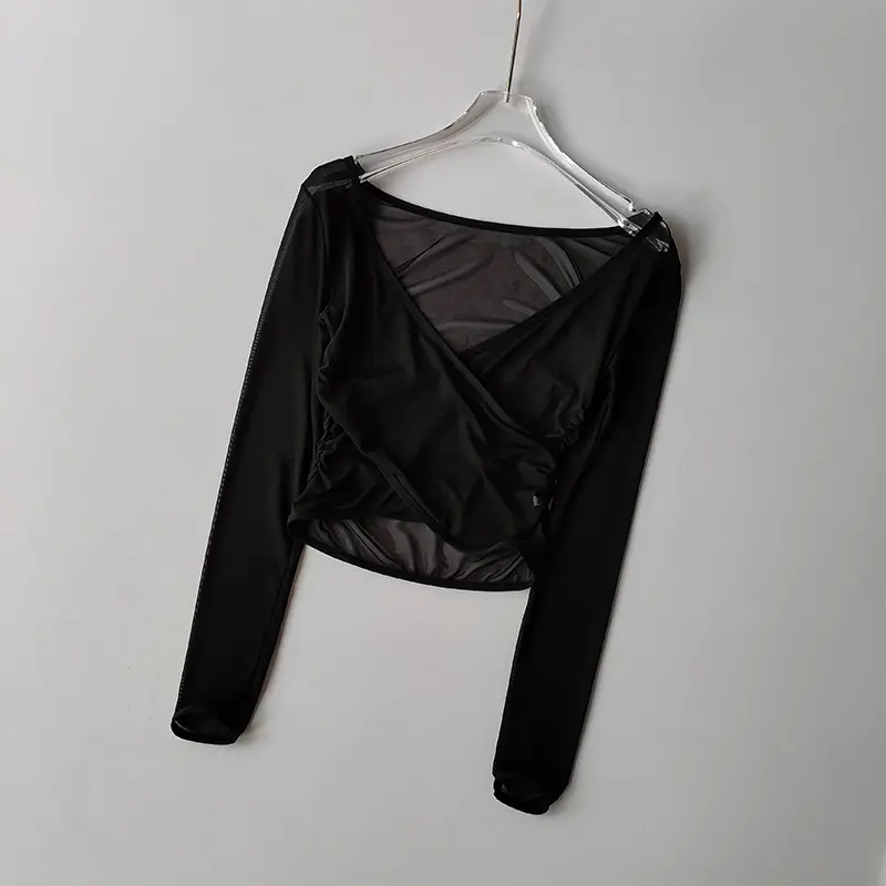 Sports T-shirt V-neck Mesh Breathable Prati Yoga Suit Cross Cover Long Sleeved Shirts Running Training Fitness Top Clothing