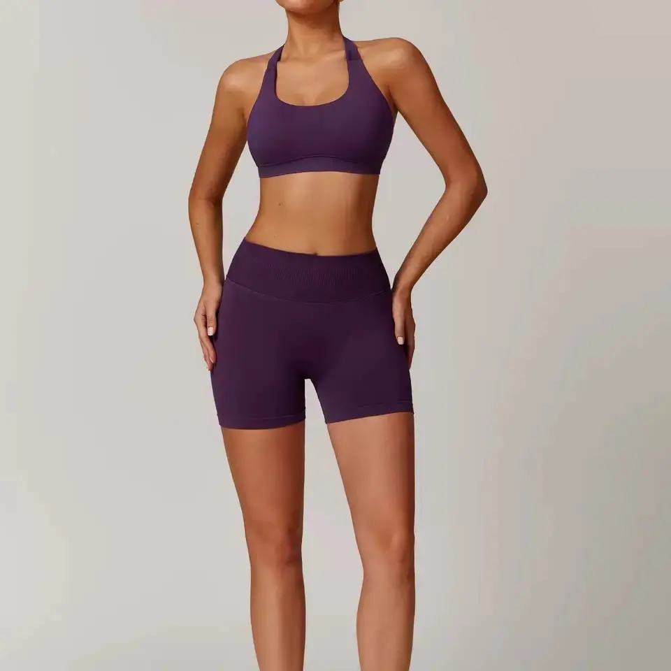 2pcs Seamless Halter Neck Yoga Suit Jacket for Women Sports Bras Shorts Beauty Back Top Running Fitness Pants Stretch Tight Set