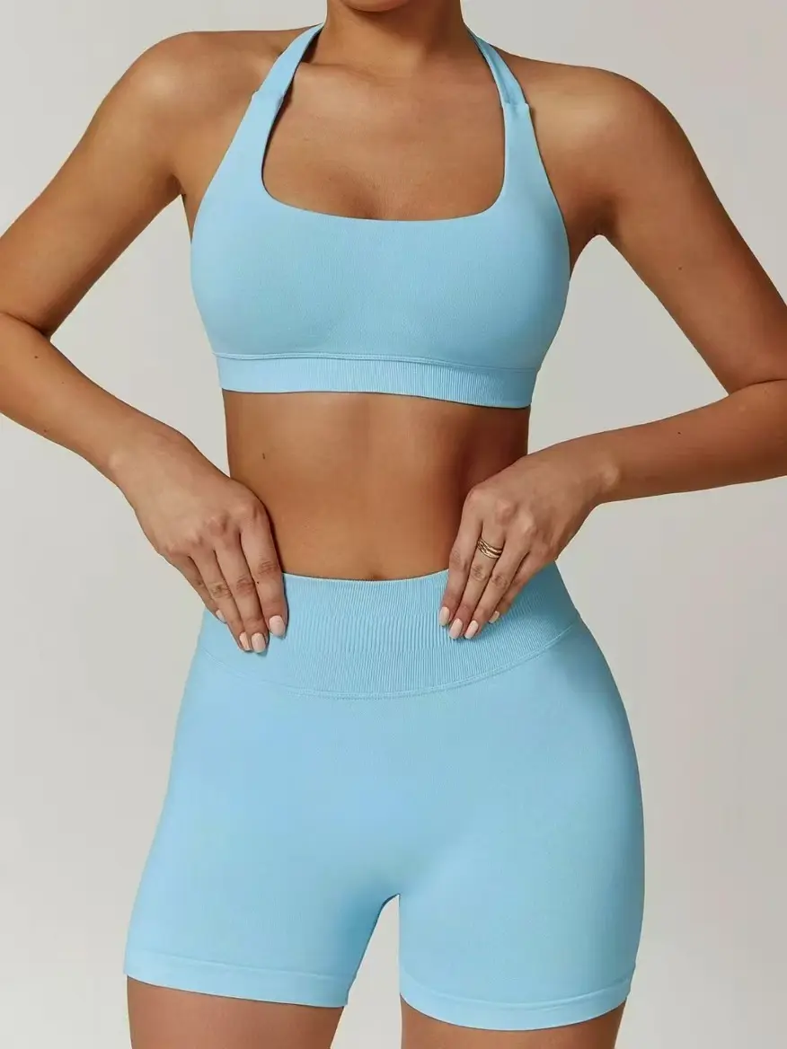 2pcs Seamless Halter Neck Yoga Suit Jacket for Women Sports Bras Shorts Beauty Back Top Running Fitness Pants Stretch Tight Set