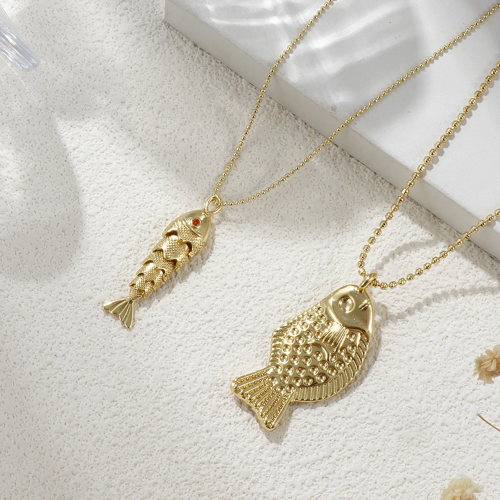 Brass Ocean Fish Pendant Necklace 18K Real Gold Plated Ball Chain Necklace For Women Unisex Party Jewelry Gift 45cm