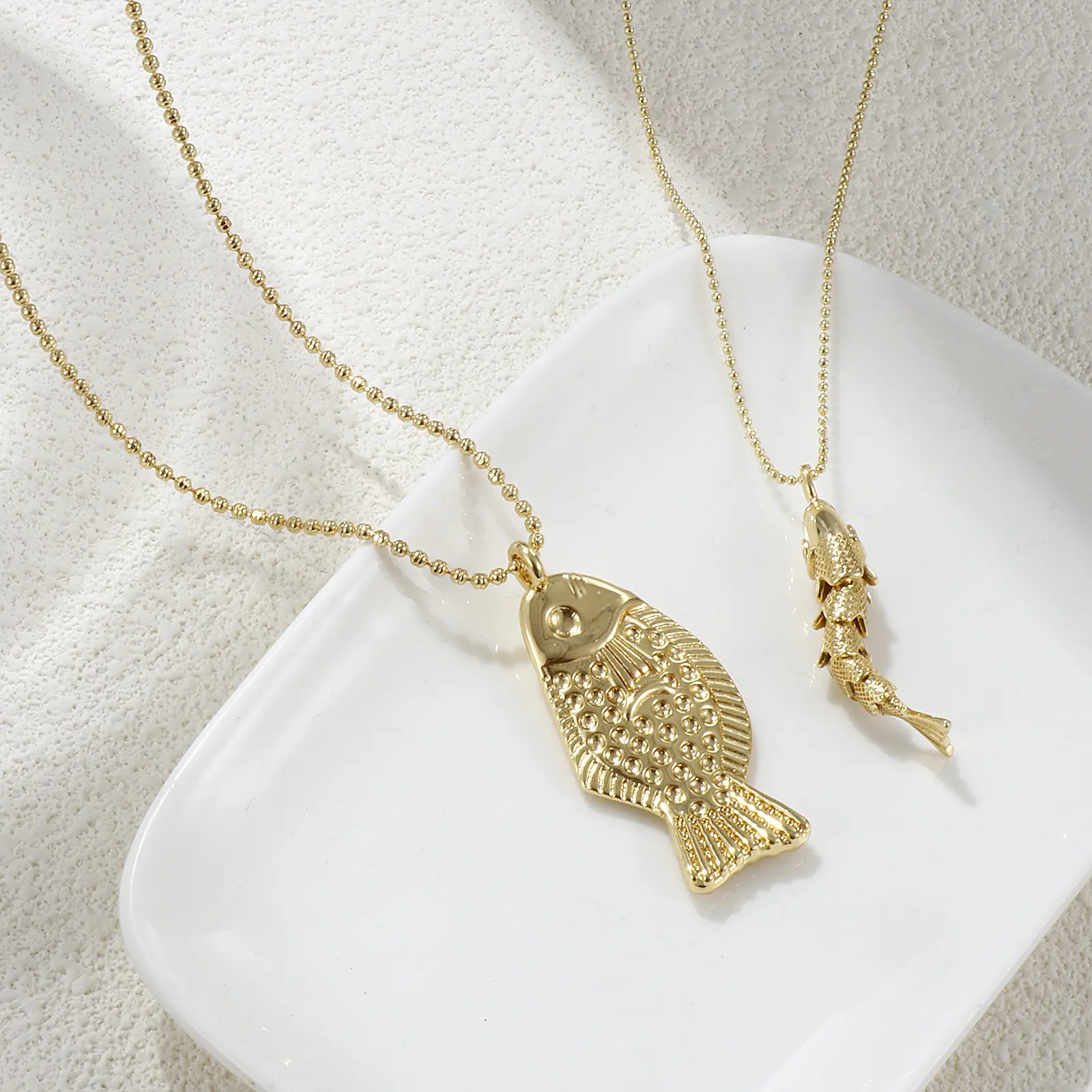 Brass Ocean Fish Pendant Necklace 18K Real Gold Plated Ball Chain Necklace For Women Unisex Party Jewelry Gift 45cm