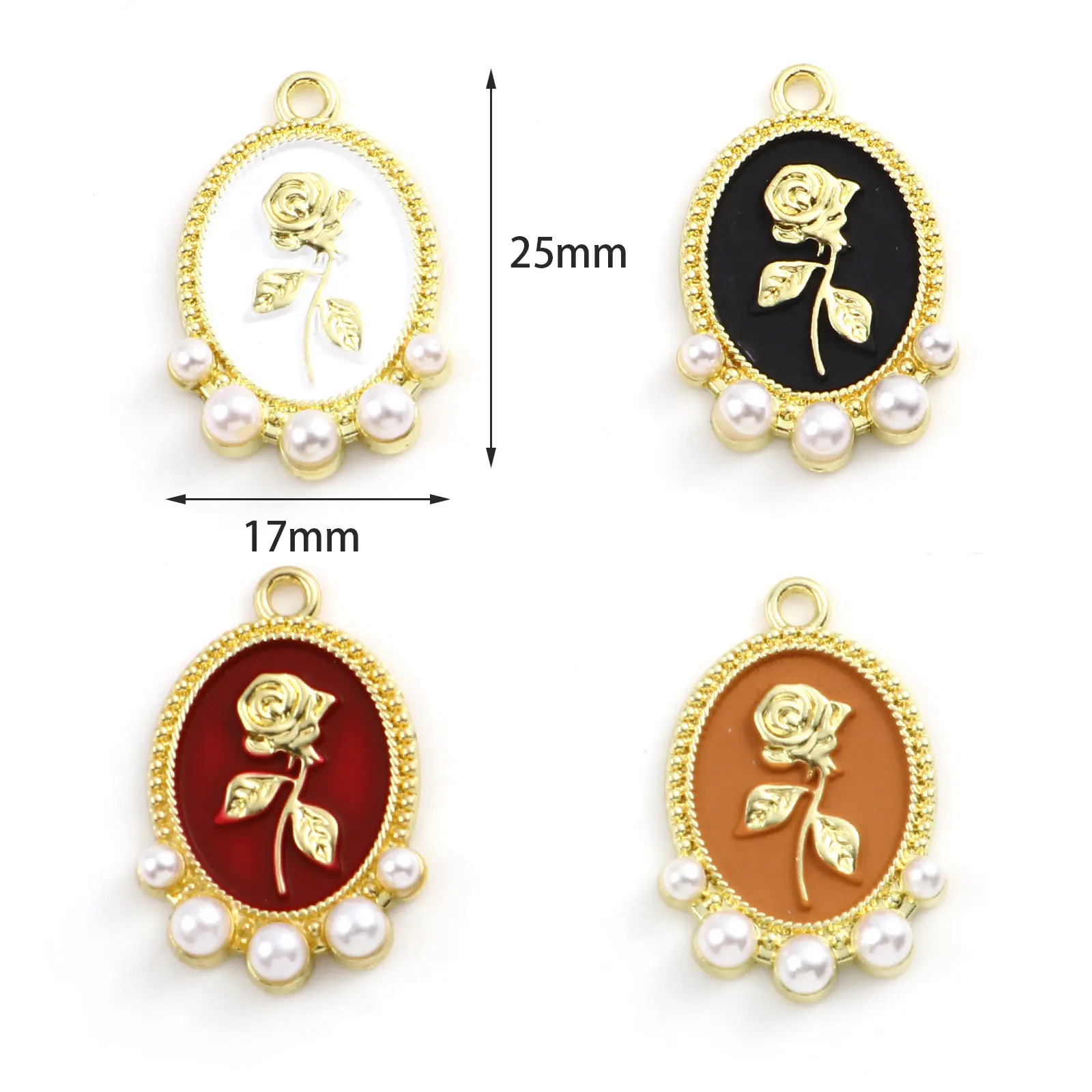 5PCs Vintage Valentine's Day Rose Flower Enamel Charms Round Gold Color Metal Pendants DIY Making Necklace Jewelry 25mm x 17mm