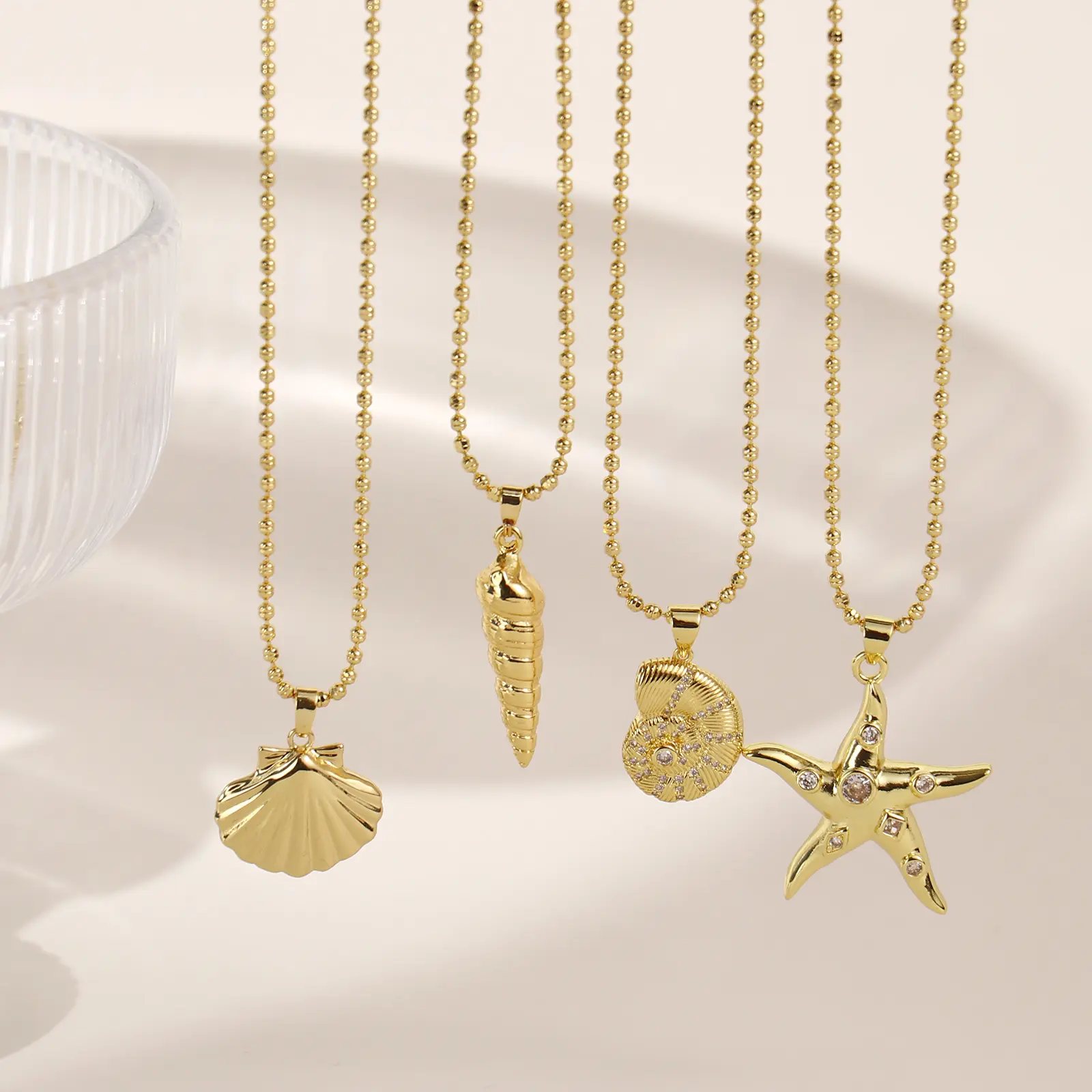 1 Piece Ocean Necklace 18K Real Gold Plated Brass Ball Chain Shell Starfish Pendant Charm Necklace For Women Gift 45cm+ 5cm Long