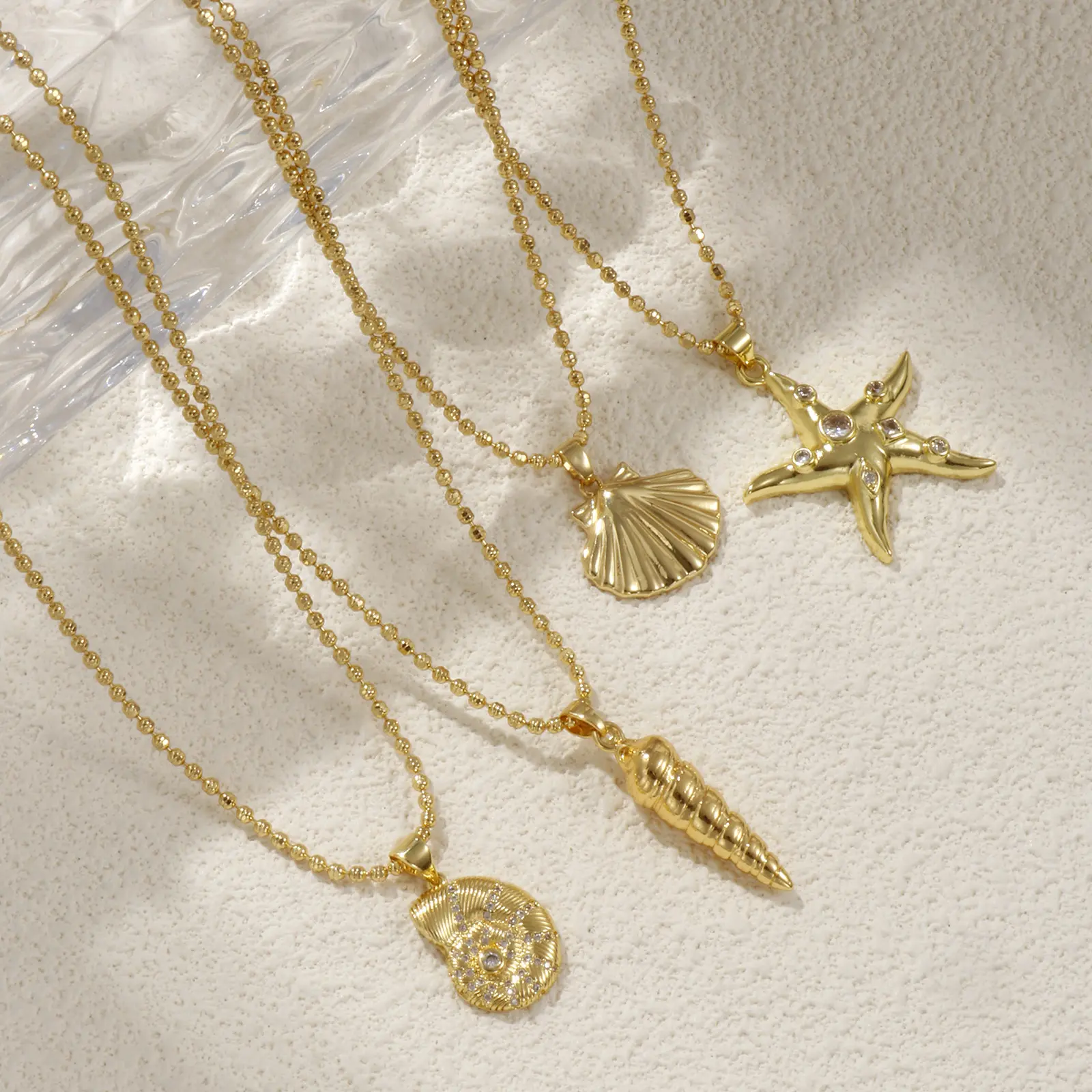 1 Piece Ocean Necklace 18K Real Gold Plated Brass Ball Chain Shell Starfish Pendant Charm Necklace For Women Gift 45cm+ 5cm Long
