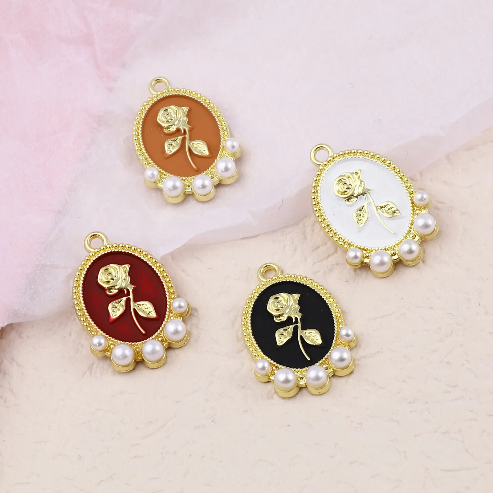 5PCs Vintage Valentine's Day Rose Flower Enamel Charms Round Gold Color Metal Pendants DIY Making Necklace Jewelry 25mm x 17mm
