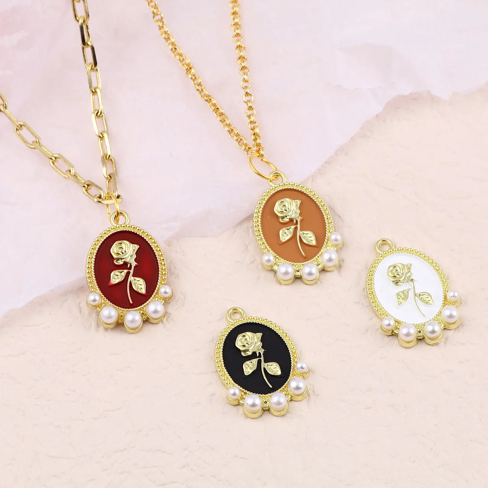 5PCs Vintage Valentine's Day Rose Flower Enamel Charms Round Gold Color Metal Pendants DIY Making Necklace Jewelry 25mm x 17mm