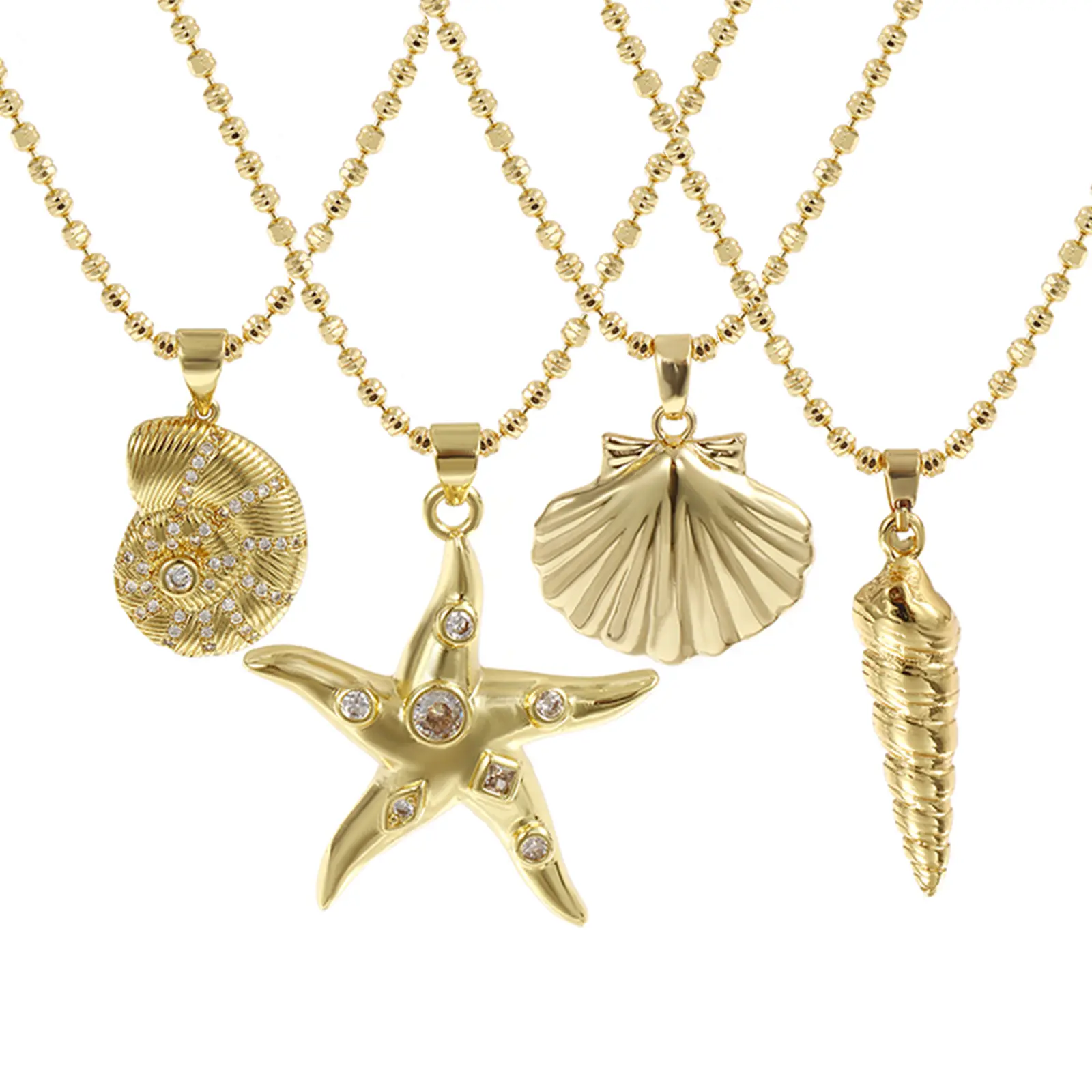 1 Piece Ocean Necklace 18K Real Gold Plated Brass Ball Chain Shell Starfish Pendant Charm Necklace For Women Gift 45cm+ 5cm Long