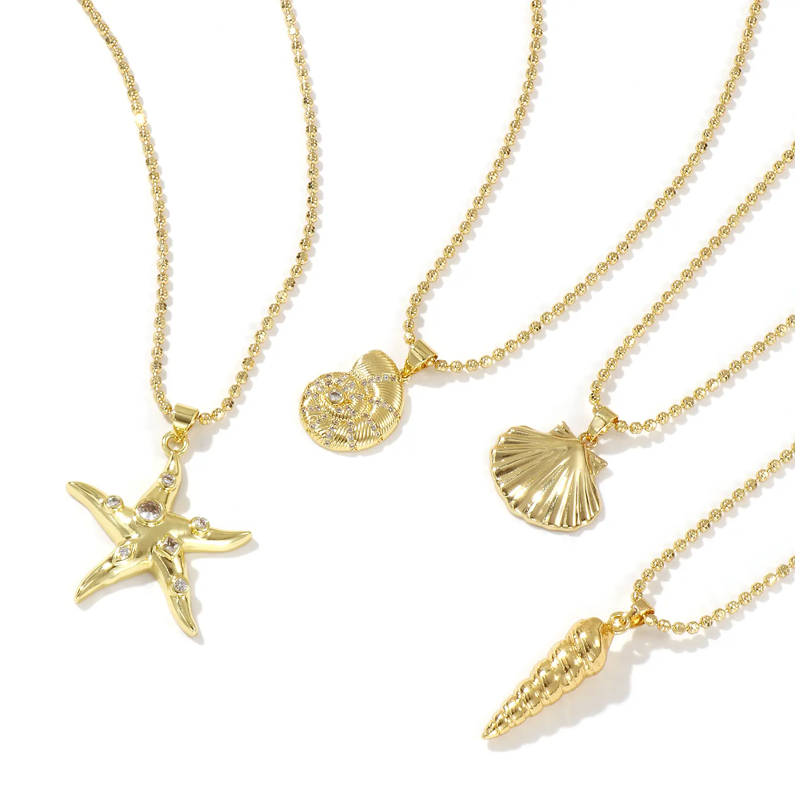 1 Piece Ocean Necklace 18K Real Gold Plated Brass Ball Chain Shell Starfish Pendant Charm Necklace For Women Gift 45cm+ 5cm Long