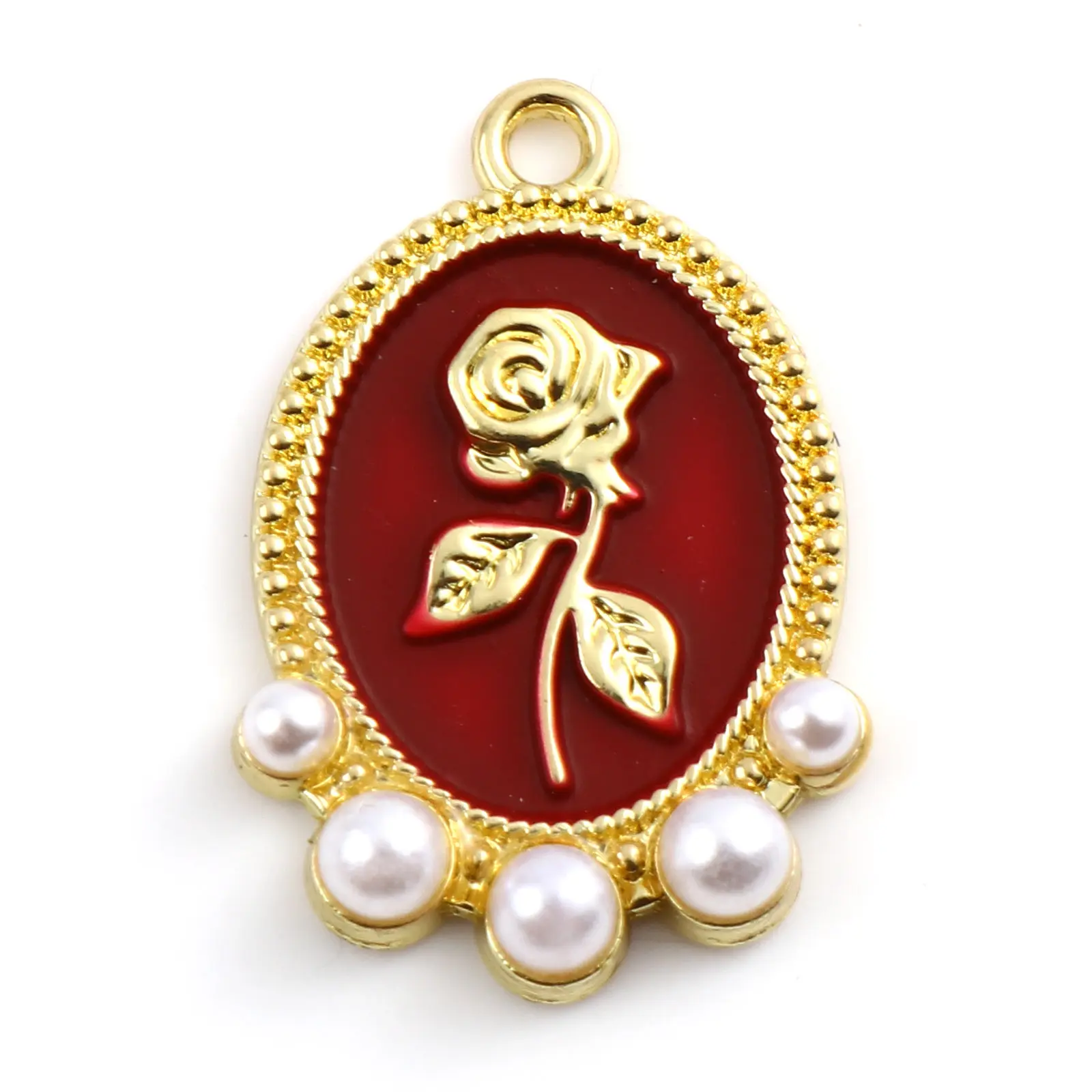 5PCs Vintage Valentine's Day Rose Flower Enamel Charms Round Gold Color Metal Pendants DIY Making Necklace Jewelry 25mm x 17mm