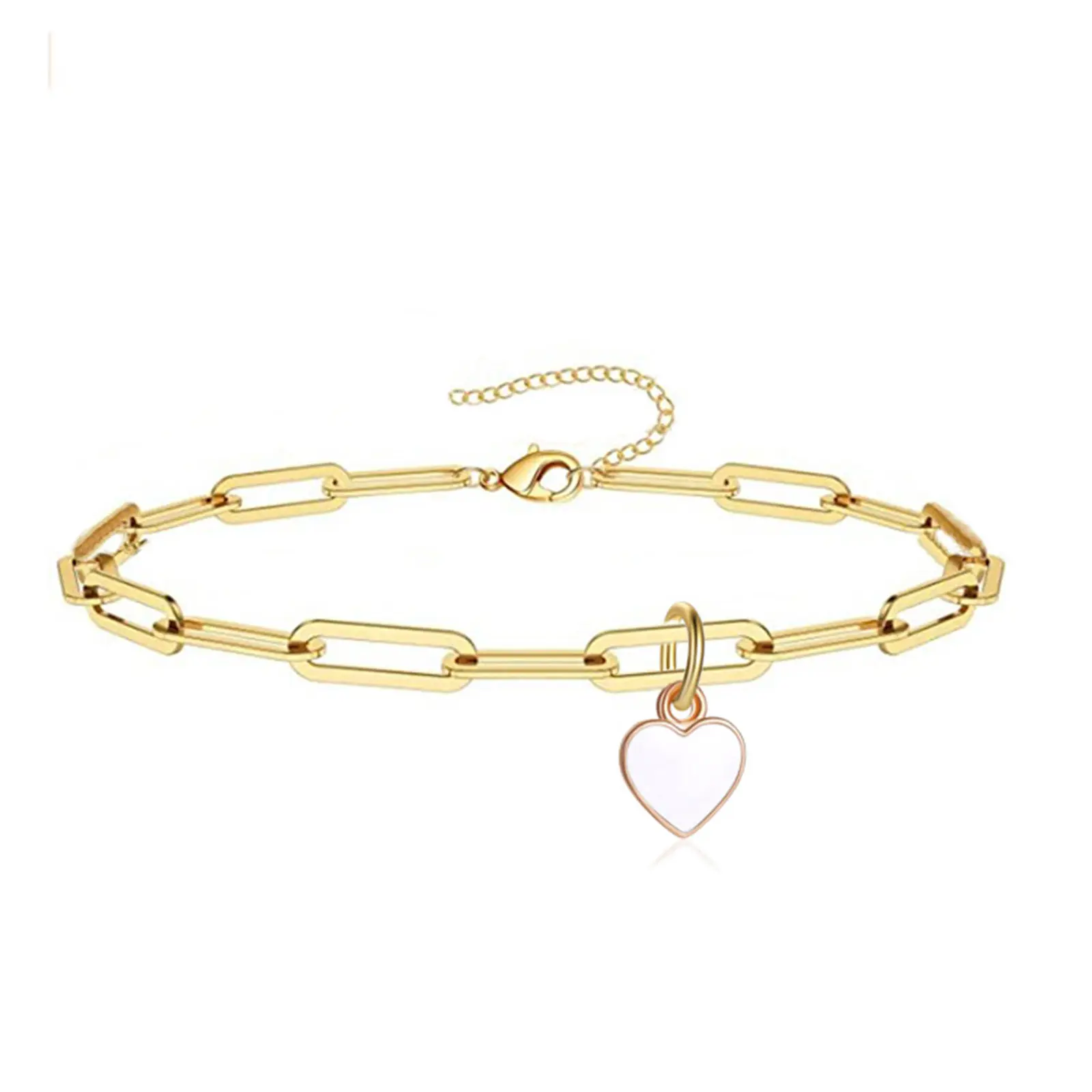 Stainless Steel Anklet Gold Color Link Chain Enamel Heart Summer Beach On Foot Ankle Bracelet Valentine's Day Jewelry 21cm long