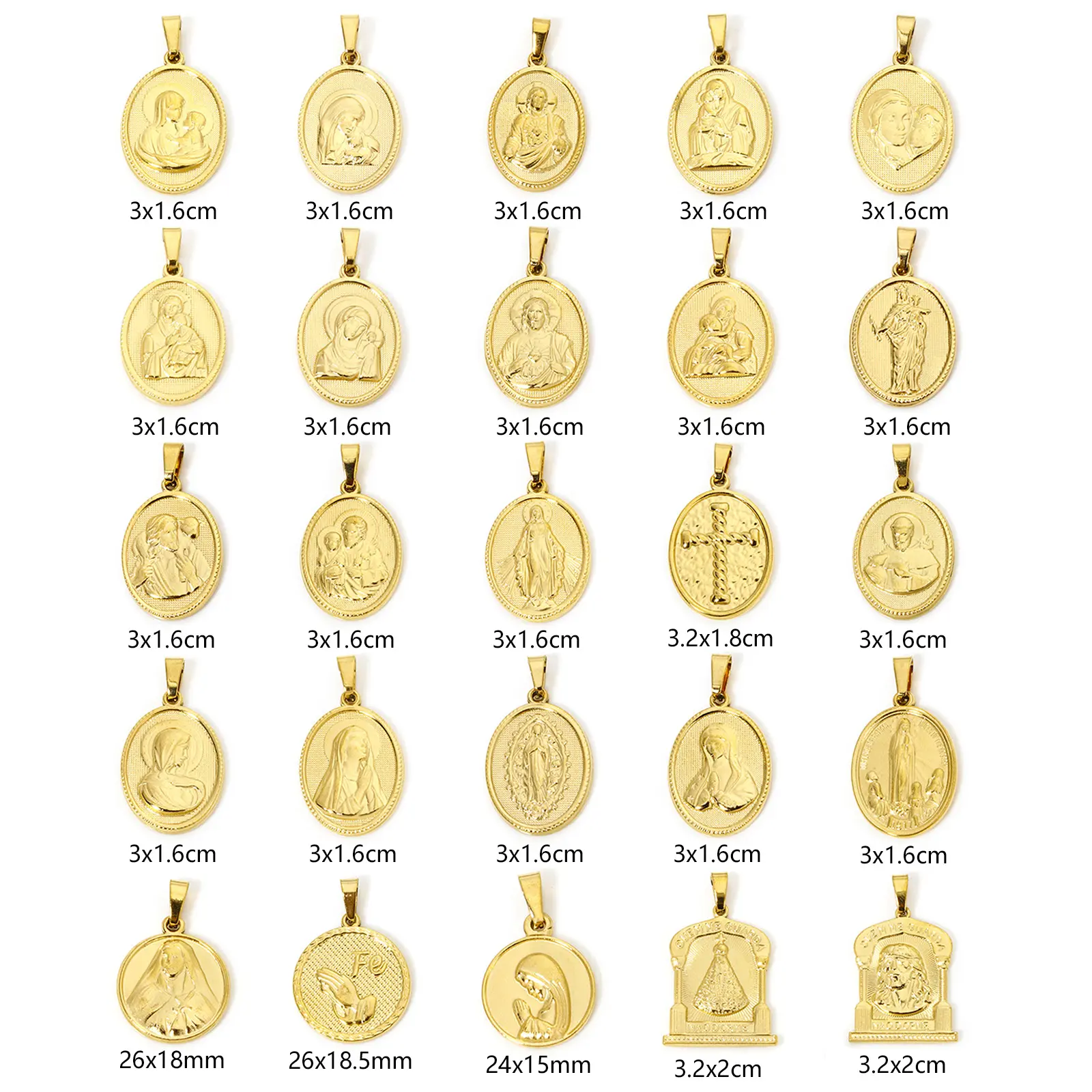 304 Stainless Steel Religious Charm Pendant 18K Gold Plated Virgin Mary For DIY Necklace Jewerly Making 3cm x 1.6cm,2 Piece