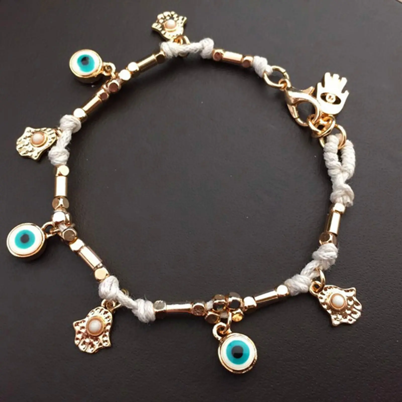 National Style Religious Fatima Hand Lucky Turkish Evil Eye Alloy Pendant Artificial Woven Women Bracelet Handmade 18cm long
