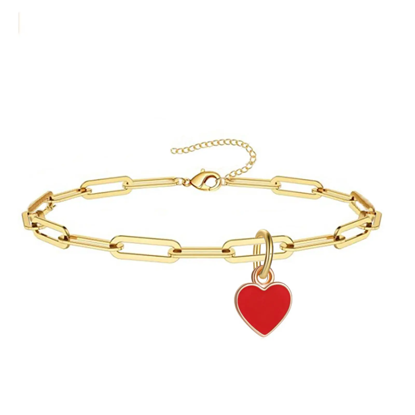 Stainless Steel Anklet Gold Color Link Chain Enamel Heart Summer Beach On Foot Ankle Bracelet Valentine's Day Jewelry 21cm long