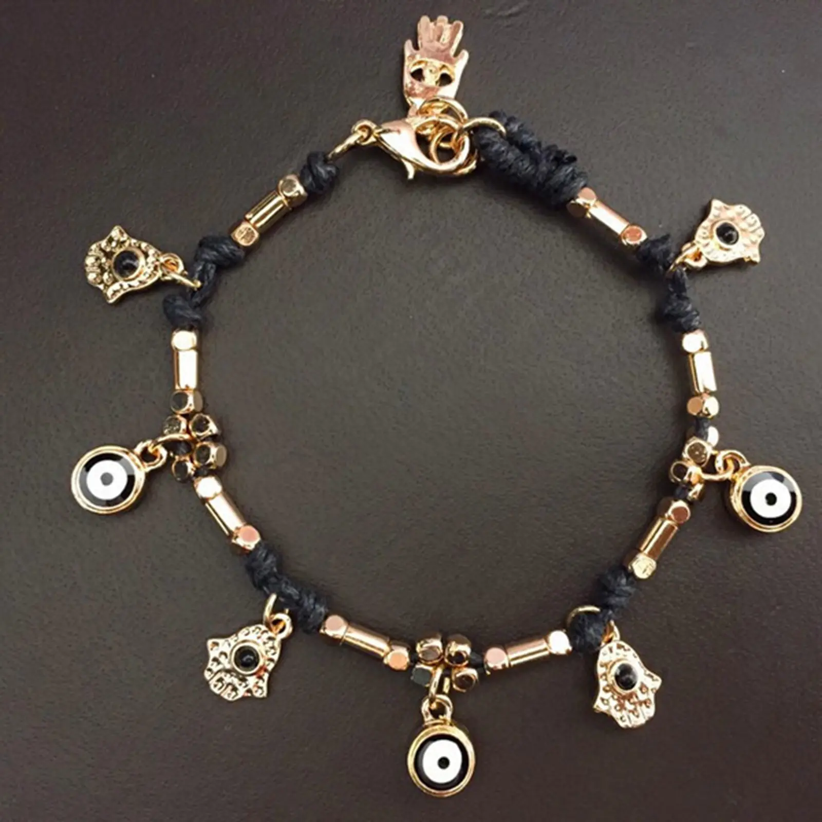 National Style Religious Fatima Hand Lucky Turkish Evil Eye Alloy Pendant Artificial Woven Women Bracelet Handmade 18cm long