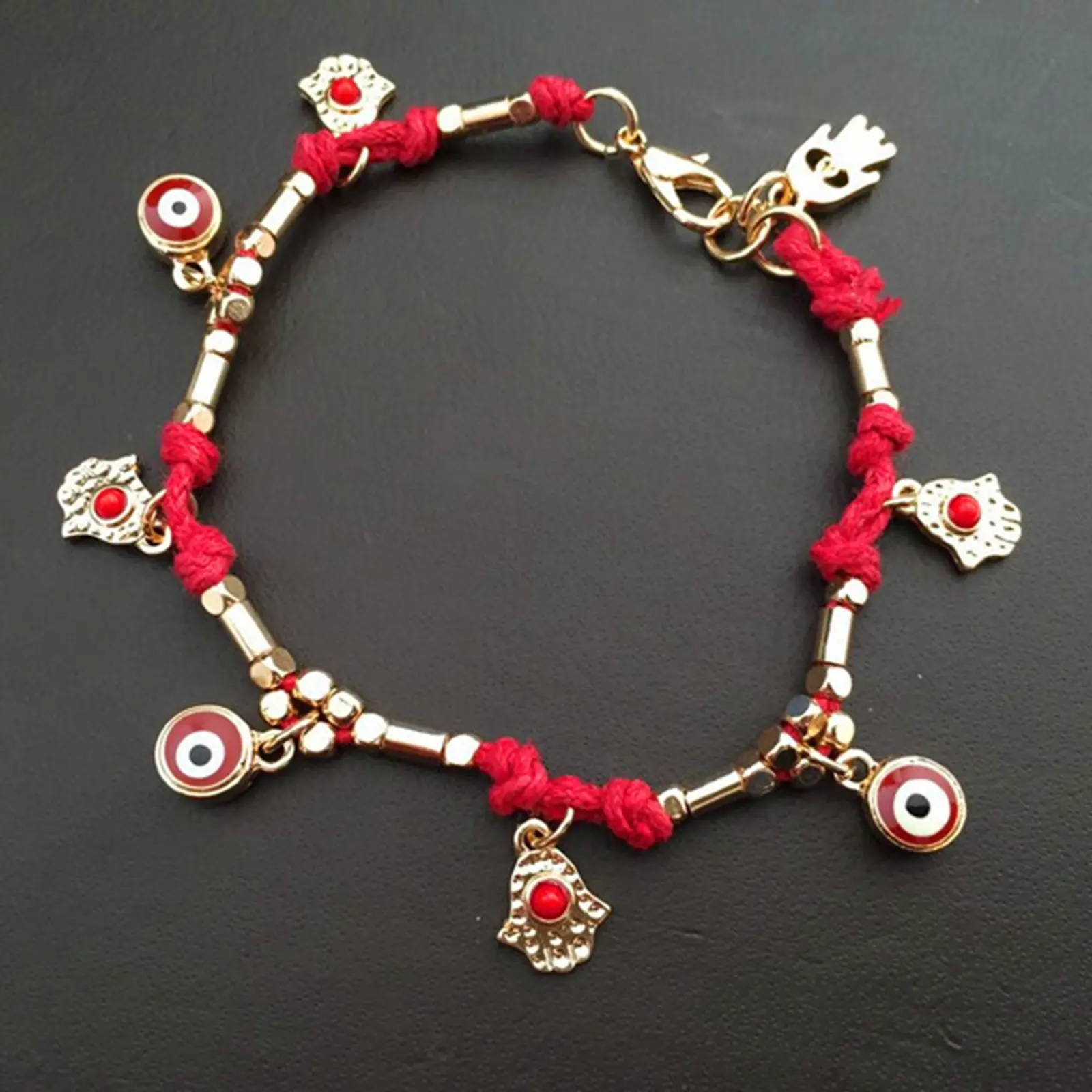 National Style Religious Fatima Hand Lucky Turkish Evil Eye Alloy Pendant Artificial Woven Women Bracelet Handmade 18cm long