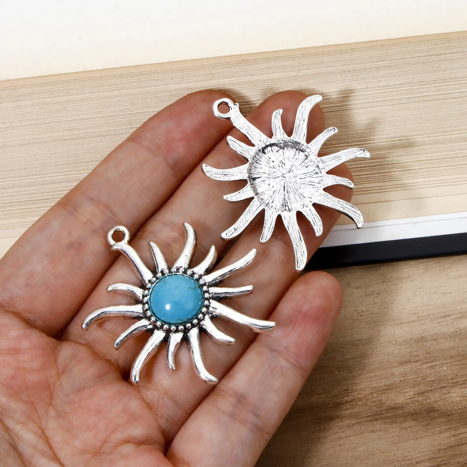5 PCs Zinc Based Alloy Bohemia Pendants Antique Silver Color Sun with Blue Stone Charms For DIY Jewelry Making 3.9cm x 3.7cm