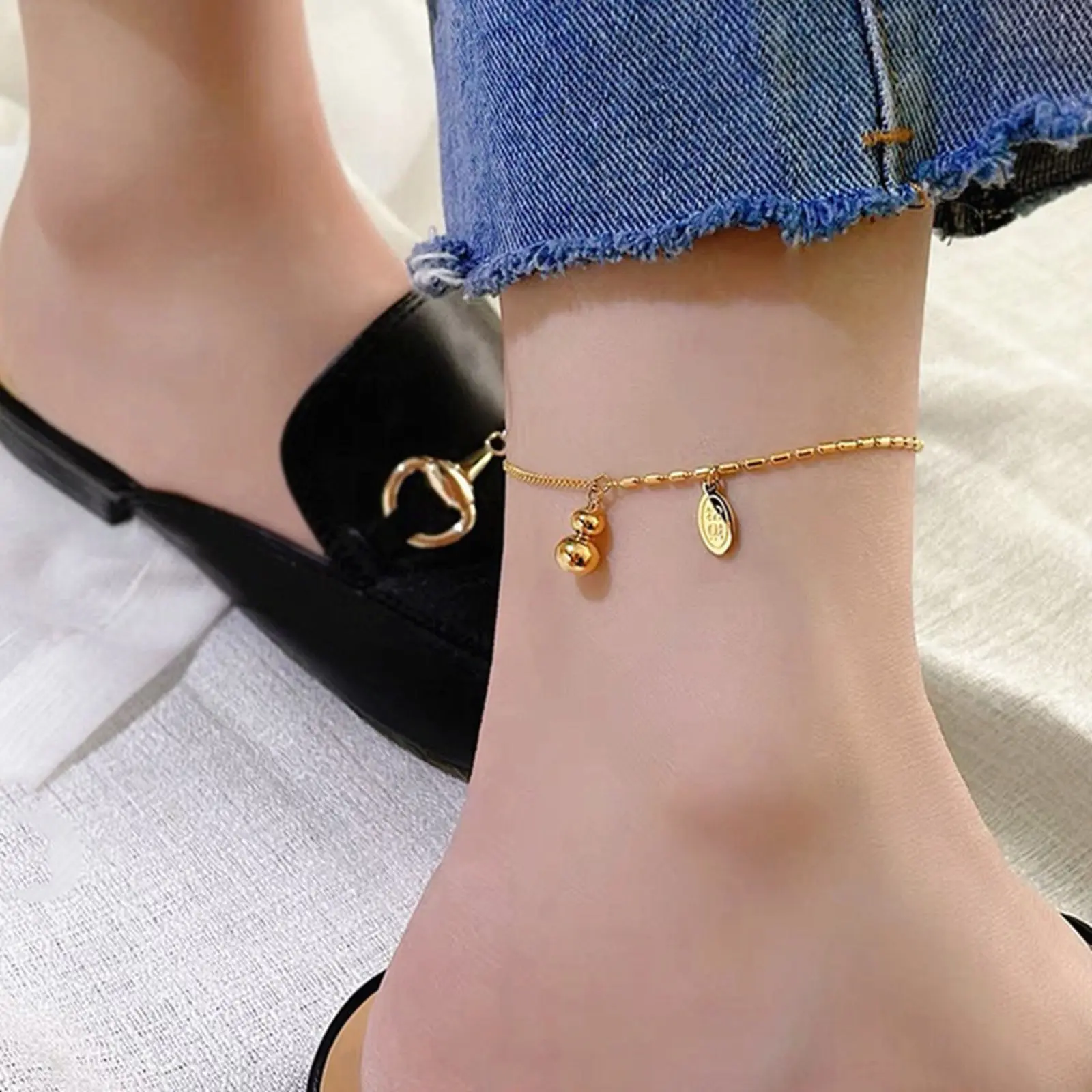 304 Stainless Steel Stylish Link Chain Anklet Gold Color Barefoot Sandals For Women On Foot Ankle Bracelets 21cm(8 2/8") long
