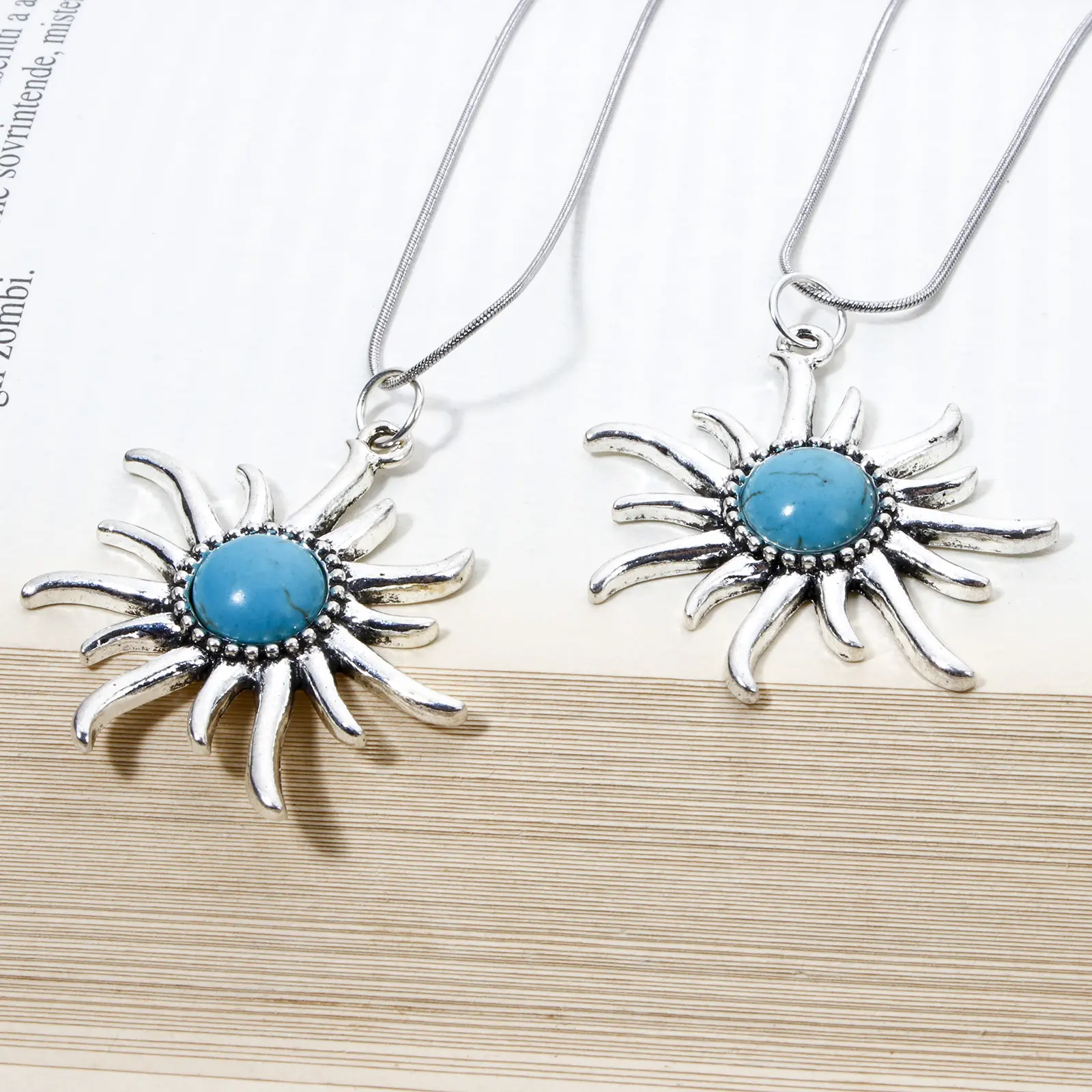 5 PCs Zinc Based Alloy Bohemia Pendants Antique Silver Color Sun with Blue Stone Charms For DIY Jewelry Making 3.9cm x 3.7cm