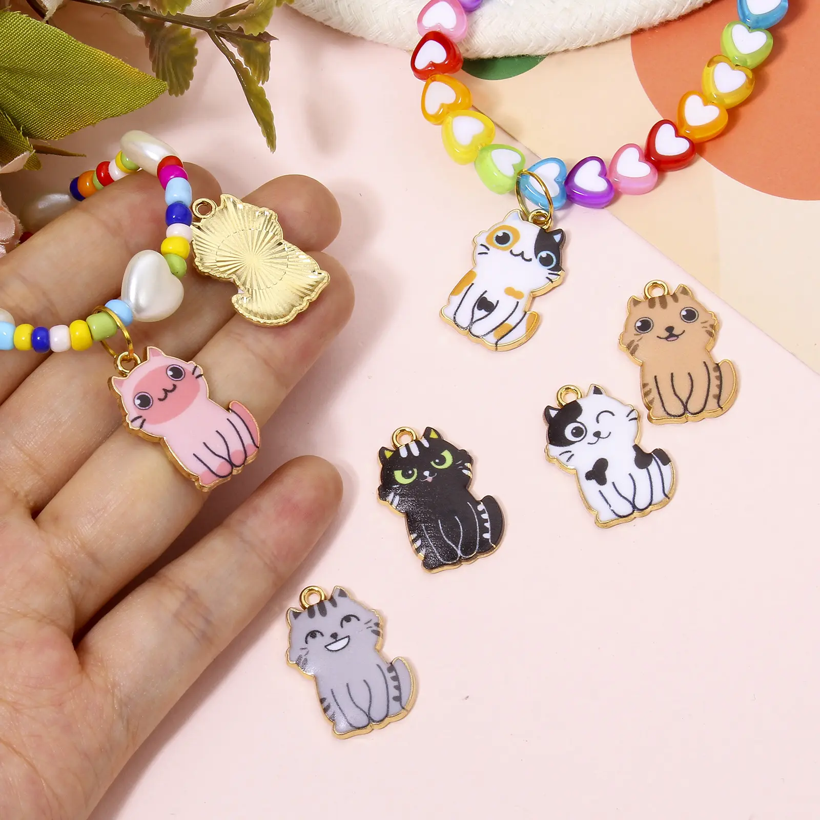 10 PCs Cute Cat Animal Zinc Based Alloy Charms Animal Enamel Pendants For Diy Necklace Jewelry Making Findings 25mm x 17mm