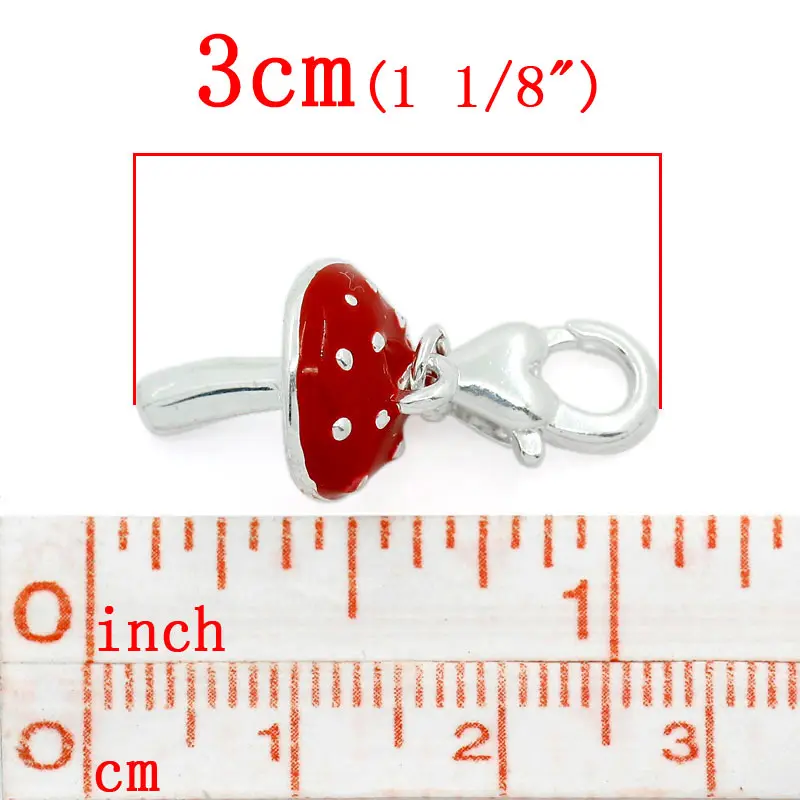 Clip On Charms Red Mushroom Silver Color Enamel Pendants Fits Link Chain DIY Bracelets Necklace Jewerly Making 3x1.2cm,5PCs