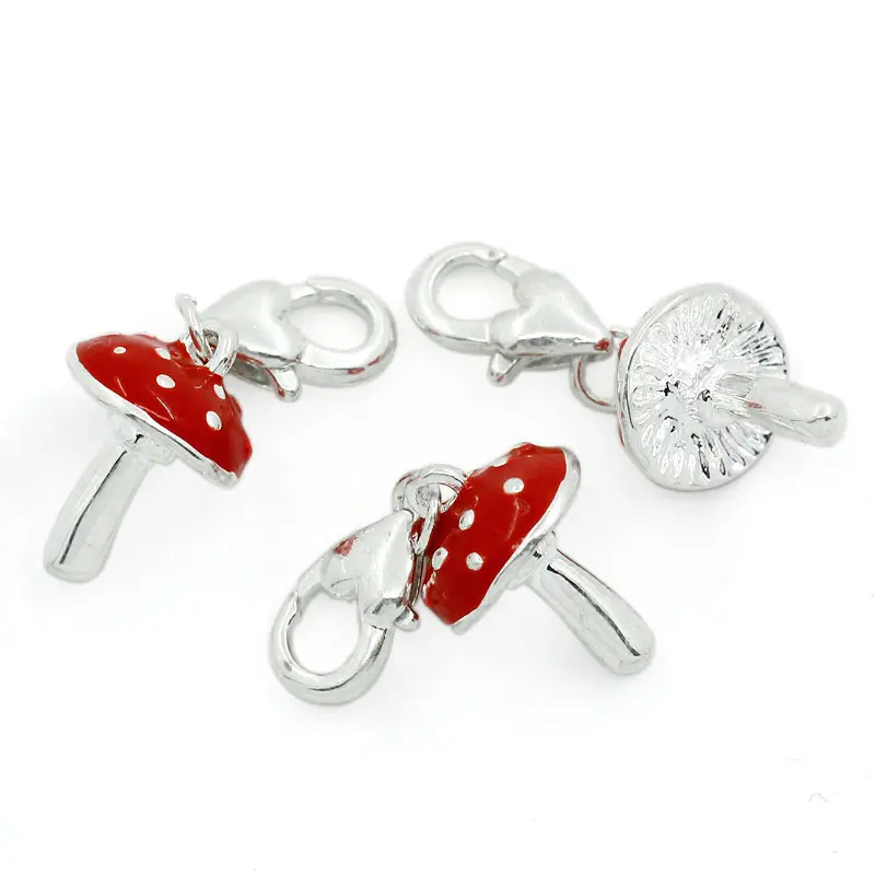 Clip On Charms Red Mushroom Silver Color Enamel Pendants Fits Link Chain DIY Bracelets Necklace Jewerly Making 3x1.2cm,5PCs