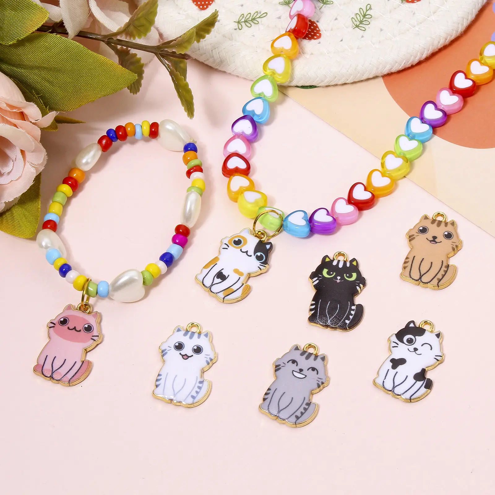 10 PCs Cute Cat Animal Zinc Based Alloy Charms Animal Enamel Pendants For Diy Necklace Jewelry Making Findings 25mm x 17mm