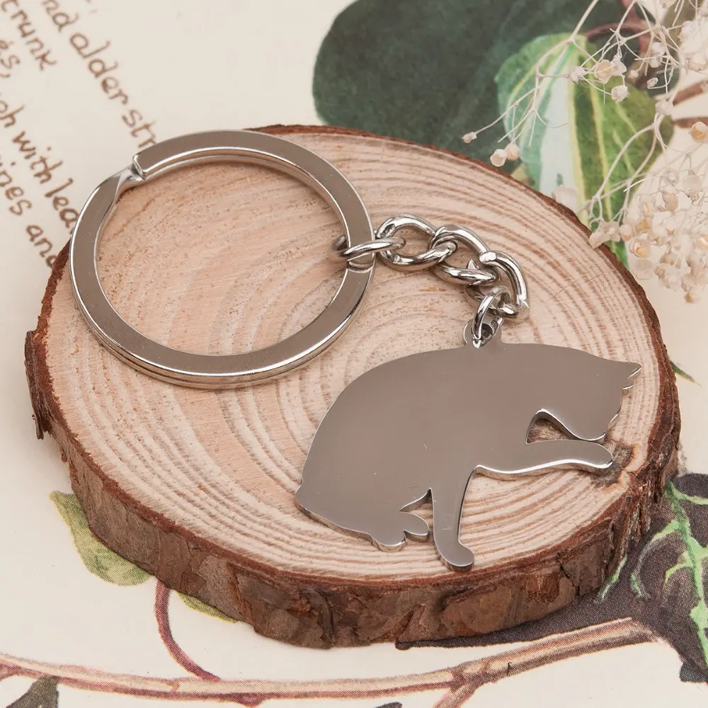 DoreenBeads Fashion 304 Stainless Steel Cute Cat Pet Silhouette Keychain & Keyring Silver Color Cat DIY 80mm x 37mm,1 Piece
