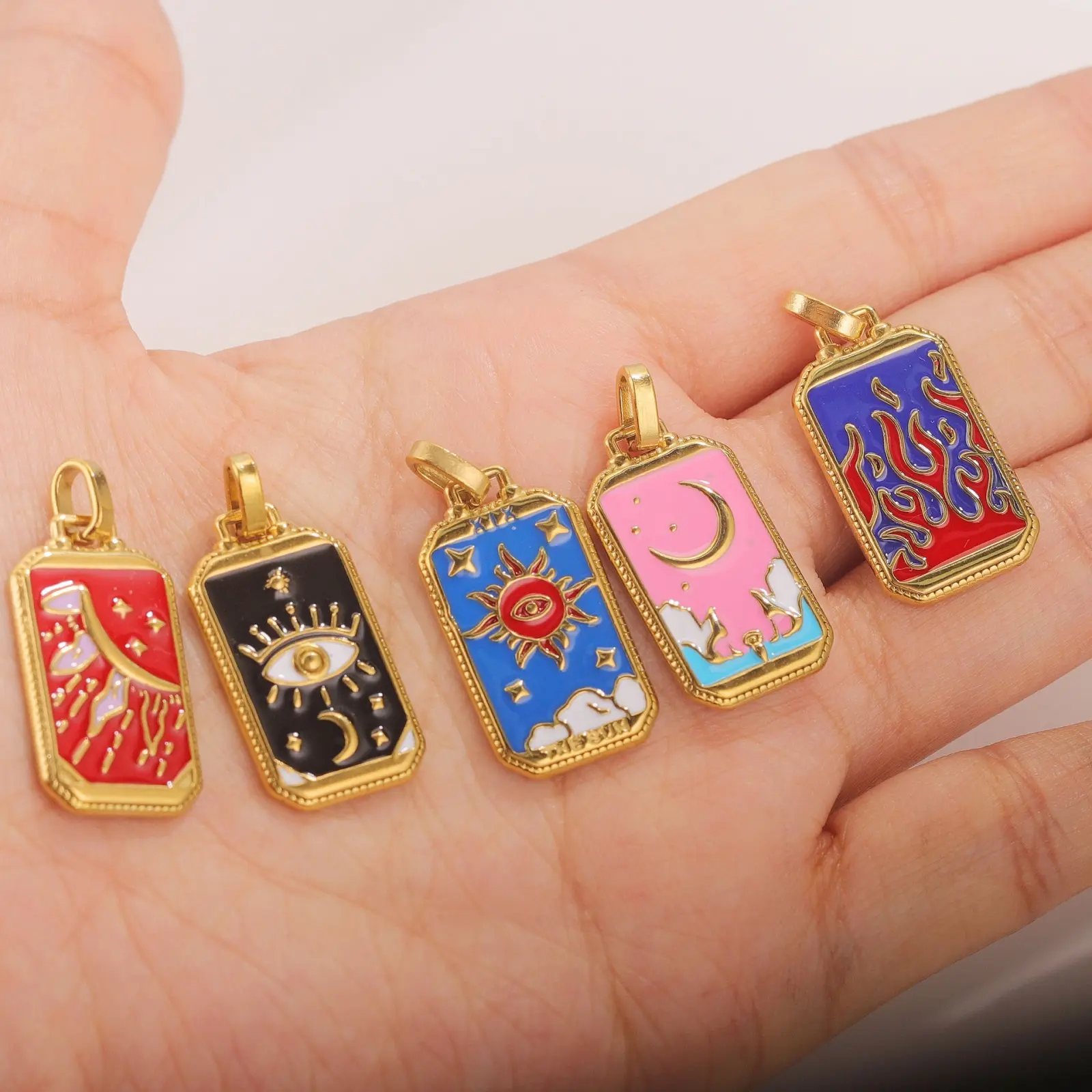 304 Stainless Steel Tarot Pendants 18K Gold Plated Rectangle Enamel Charms For Neckalce Bracelet Jewelry 3.1cm x 1.4cm, 1 Piece