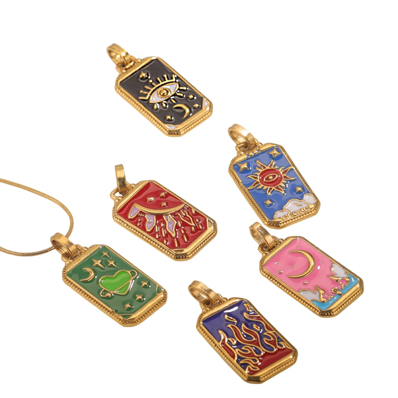 304 Stainless Steel Tarot Pendants 18K Gold Plated Rectangle Enamel Charms For Neckalce Bracelet Jewelry 3.1cm x 1.4cm, 1 Piece