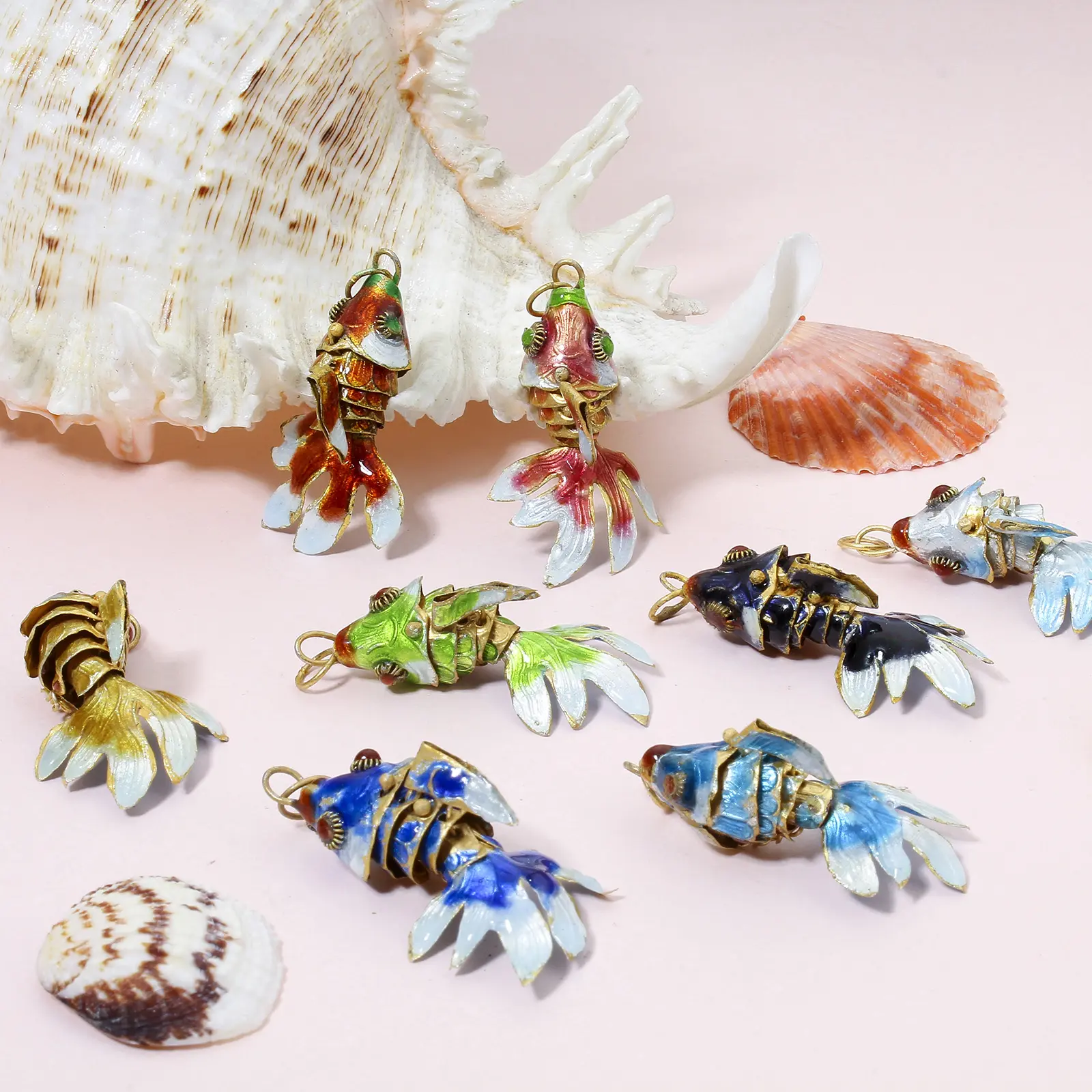 1 Piece New Brass 3D Fish Animal Movable Ocean Jewelry Pendants Gold Color Multicolor Necklace DIY Jewelry Making 4.8cm x 2.4cm