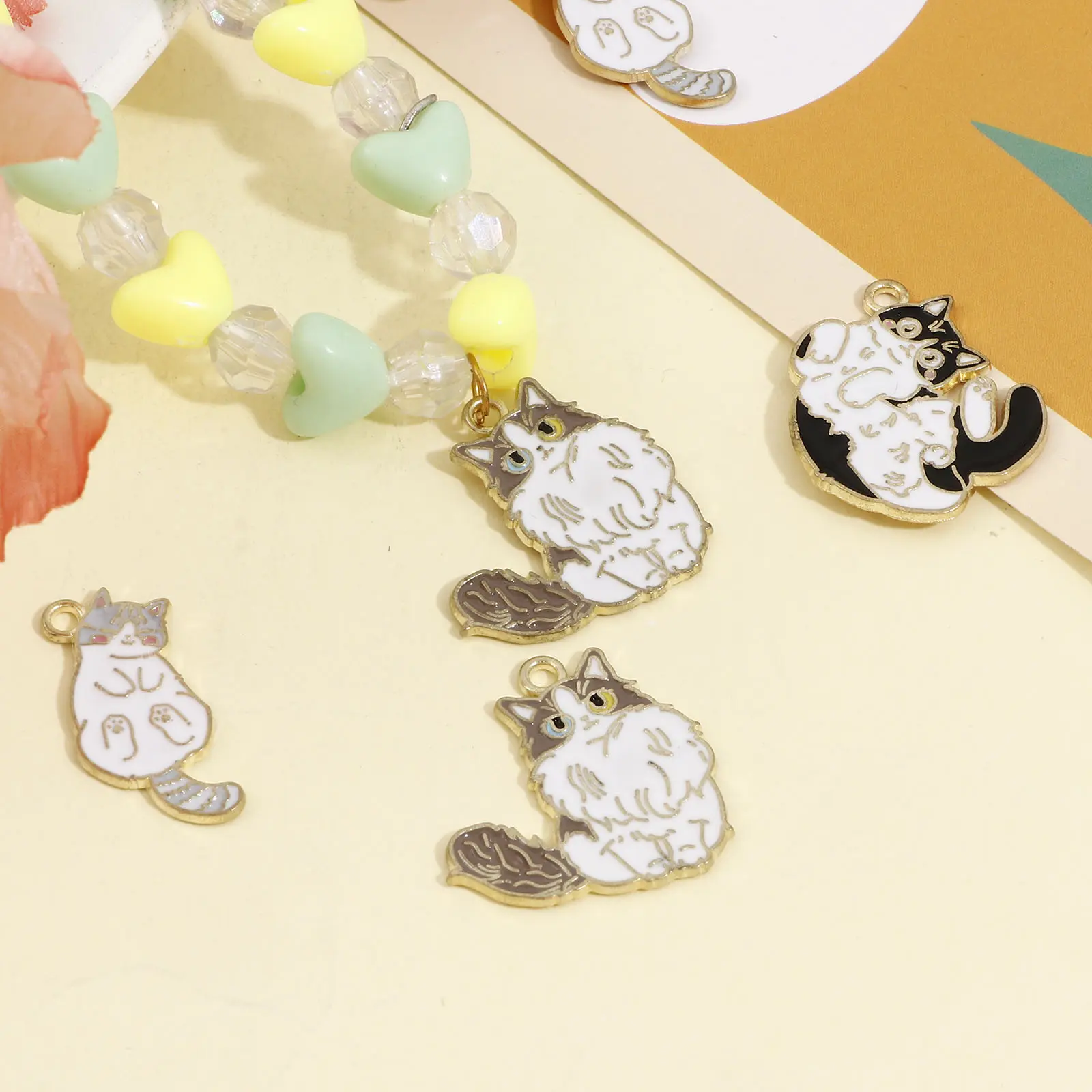 10 PCs Cute Cartoon Cat Charms Gold Color Cat Animal Enamel Metal Pendants For DIY Necklace Earrings Bracelet Jewelry Findings