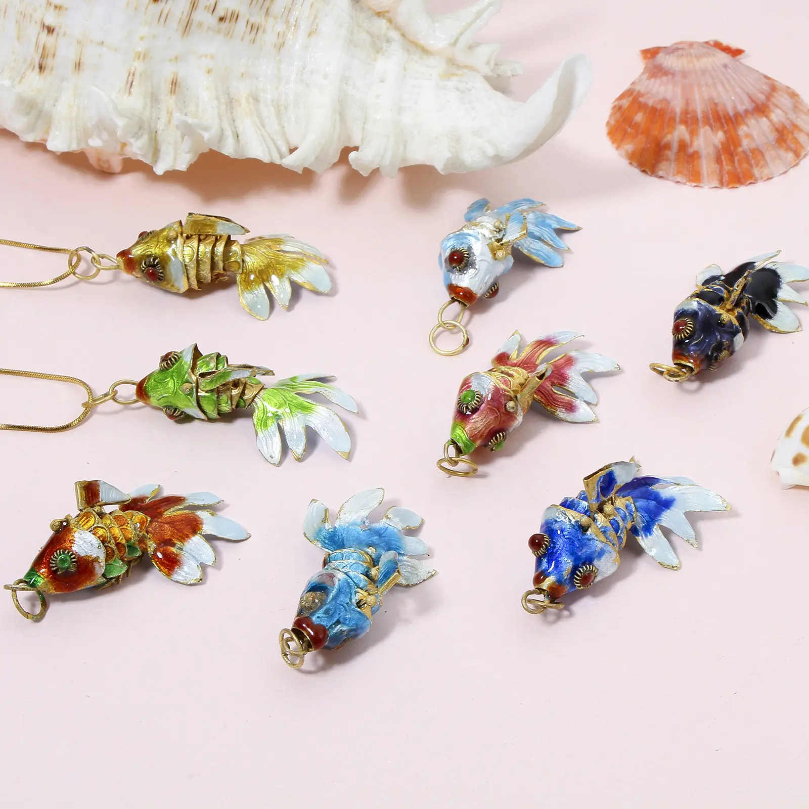 1 Piece New Brass 3D Fish Animal Movable Ocean Jewelry Pendants Gold Color Multicolor Necklace DIY Jewelry Making 4.8cm x 2.4cm