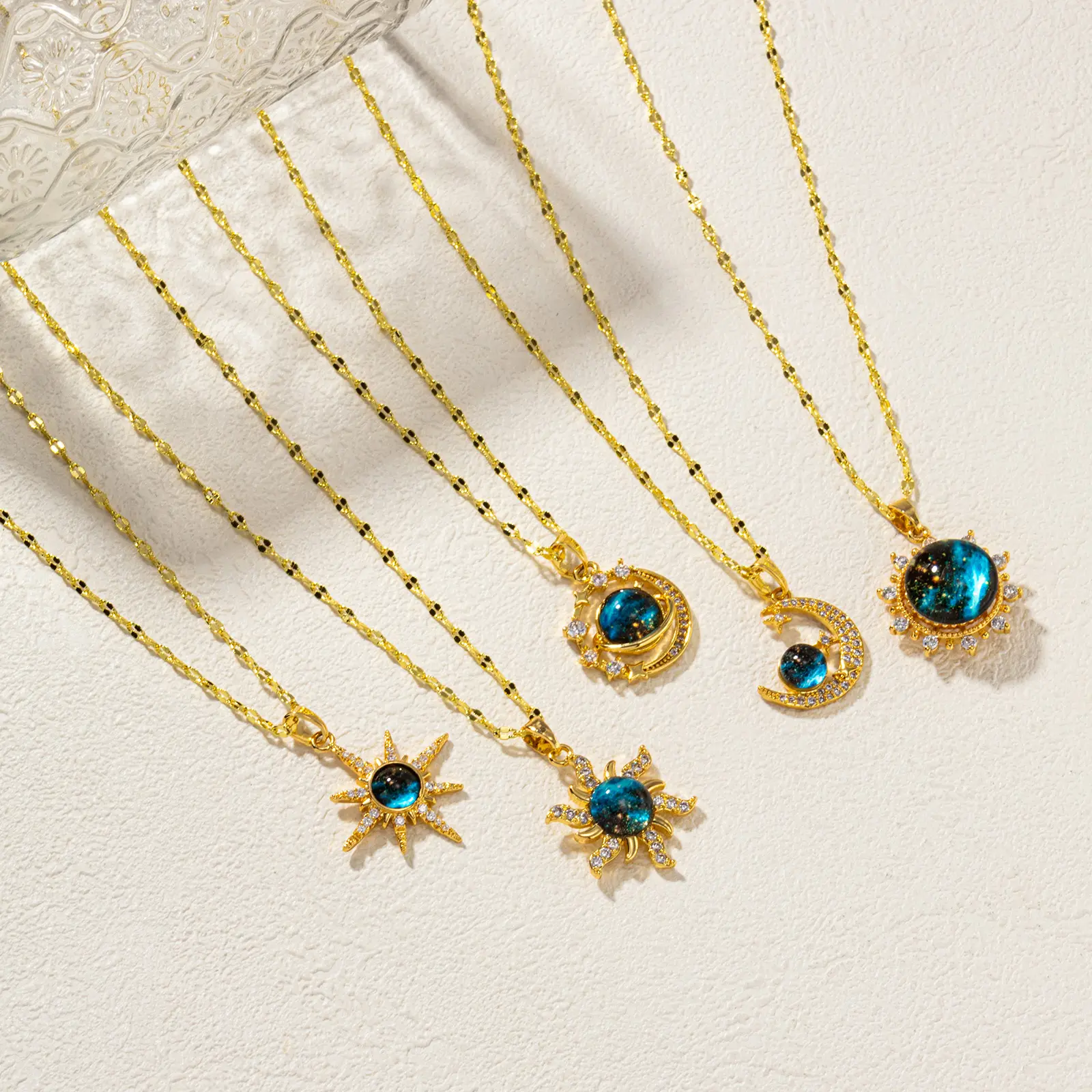 Female Exquisite Starry Sky Planet Pendant Necklace Zircon Galaxy 18K Real Gold Plated Brass & Glass Lips Chain Necklaces Gifts