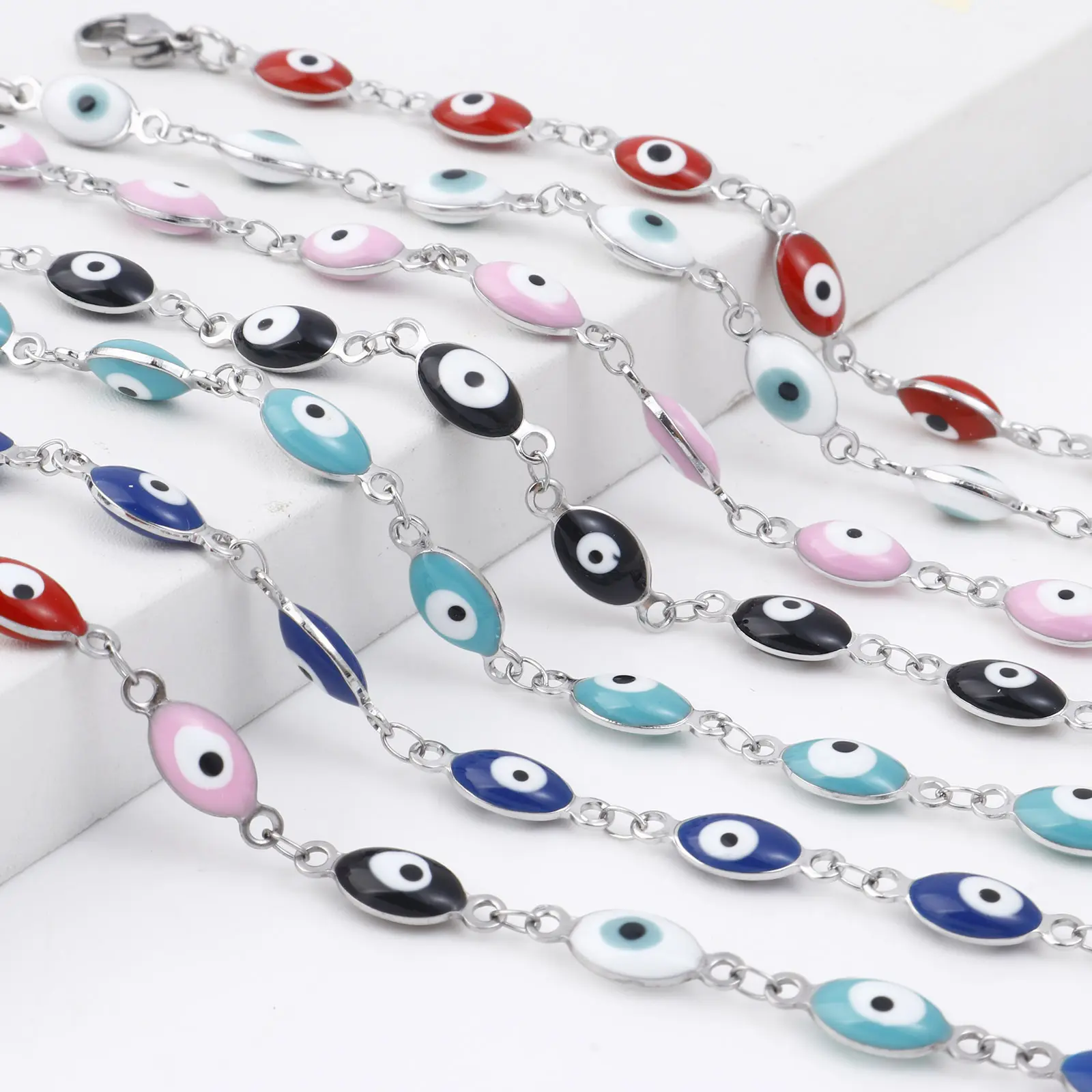 304 Stainless Steel Religious Bracelets Silver Color Multicolor Olive Evil Eye Enamel Jewelry Gifts 18.5cm(7 2/8") long, 1 Piece