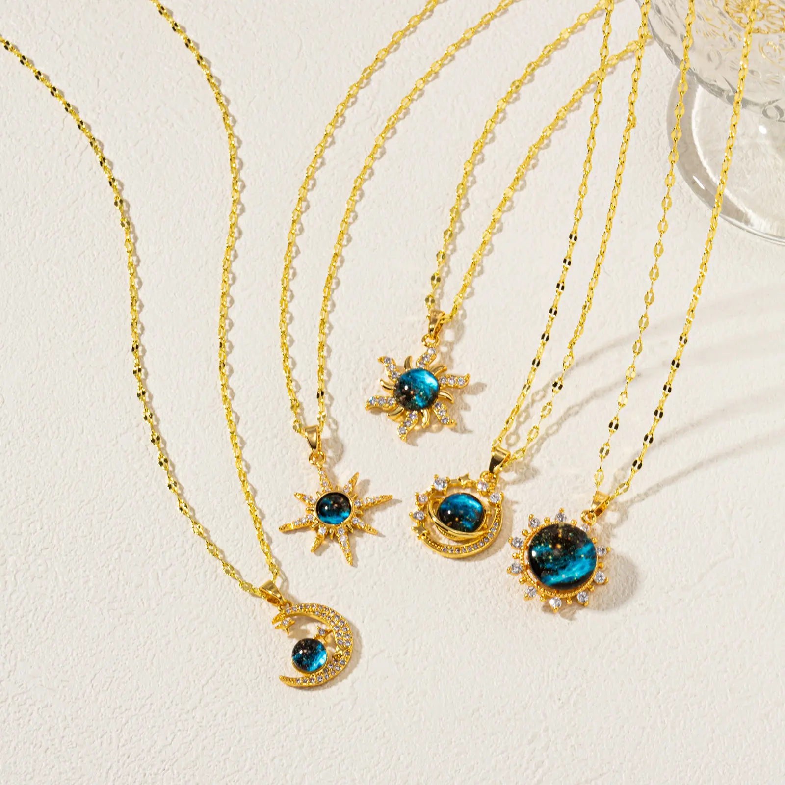 Female Exquisite Starry Sky Planet Pendant Necklace Zircon Galaxy 18K Real Gold Plated Brass & Glass Lips Chain Necklaces Gifts