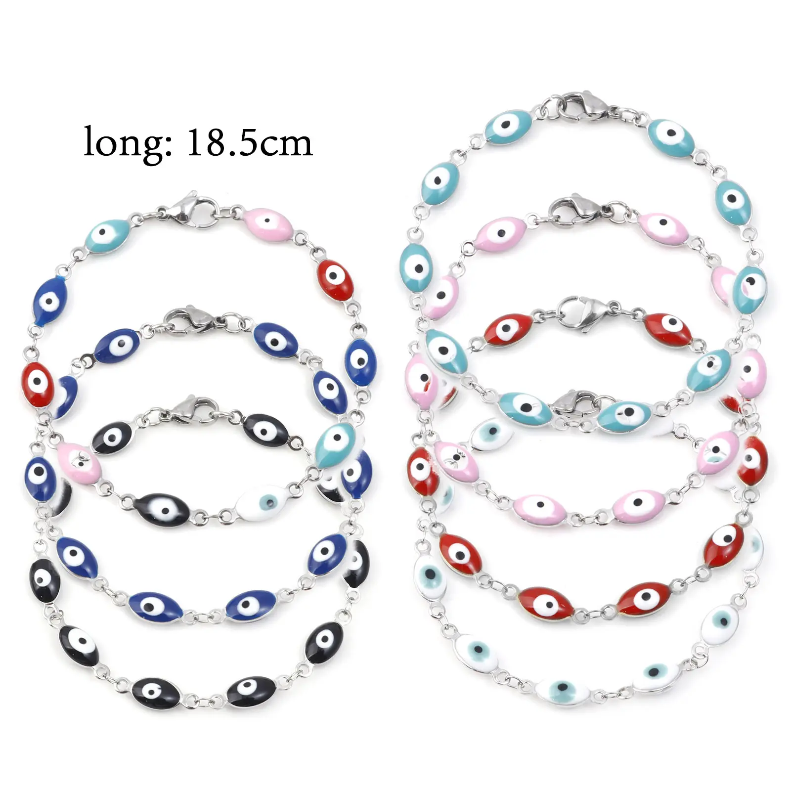 304 Stainless Steel Religious Bracelets Silver Color Multicolor Olive Evil Eye Enamel Jewelry Gifts 18.5cm(7 2/8") long, 1 Piece