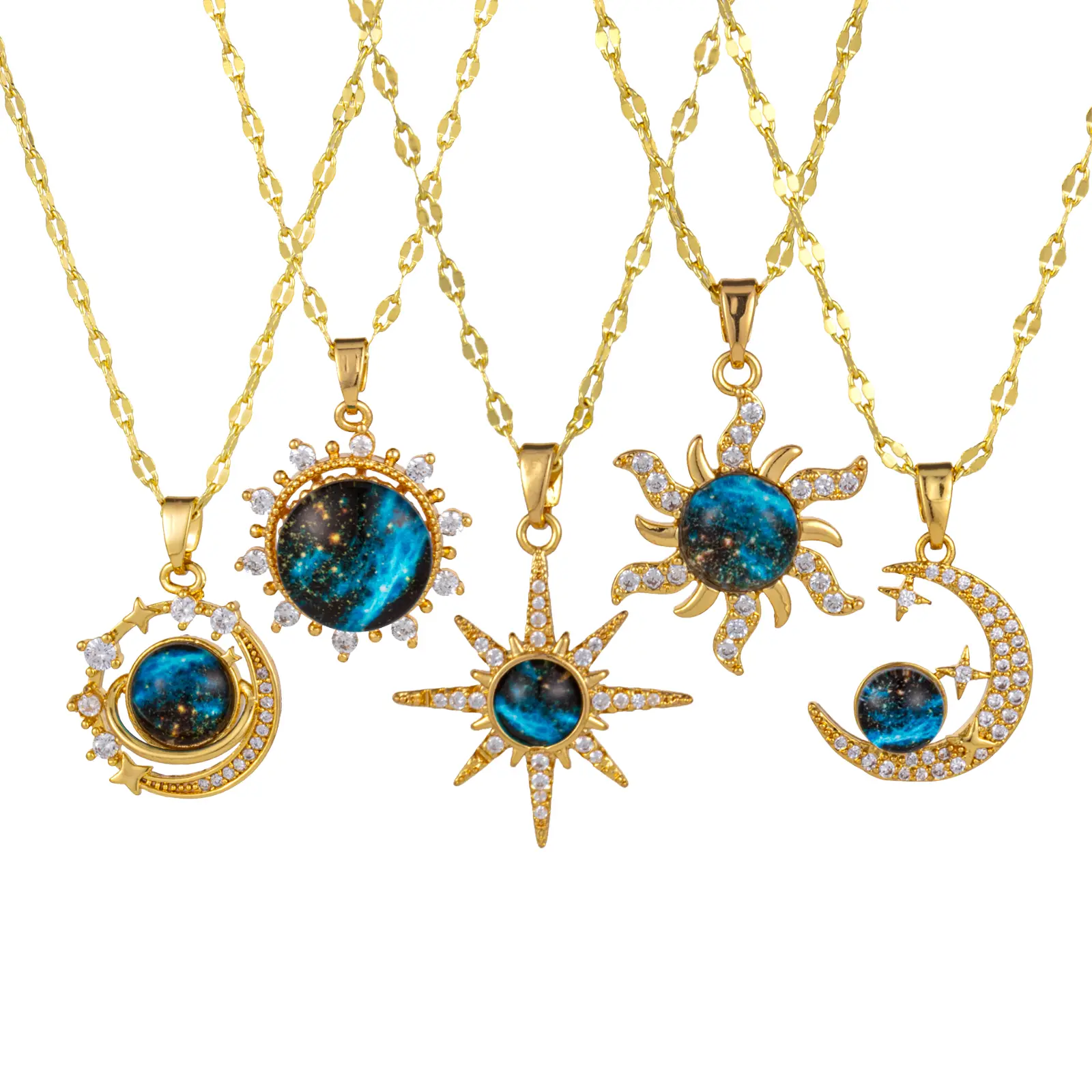 Female Exquisite Starry Sky Planet Pendant Necklace Zircon Galaxy 18K Real Gold Plated Brass & Glass Lips Chain Necklaces Gifts
