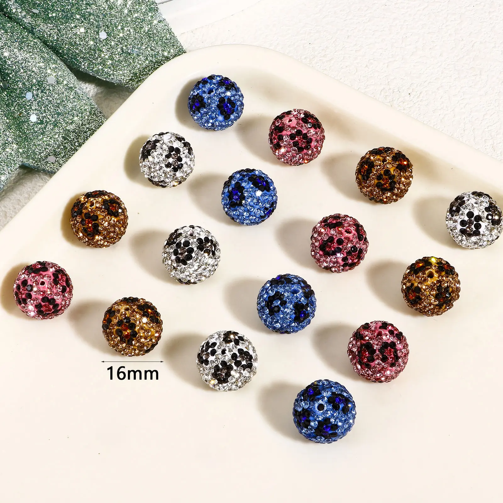 2 Piece Bling Rhinestone Beads Leopard Print Pattern Polymer Clay Beads Round Pave For Diy Jewelry Making Findings 16mm Dia.