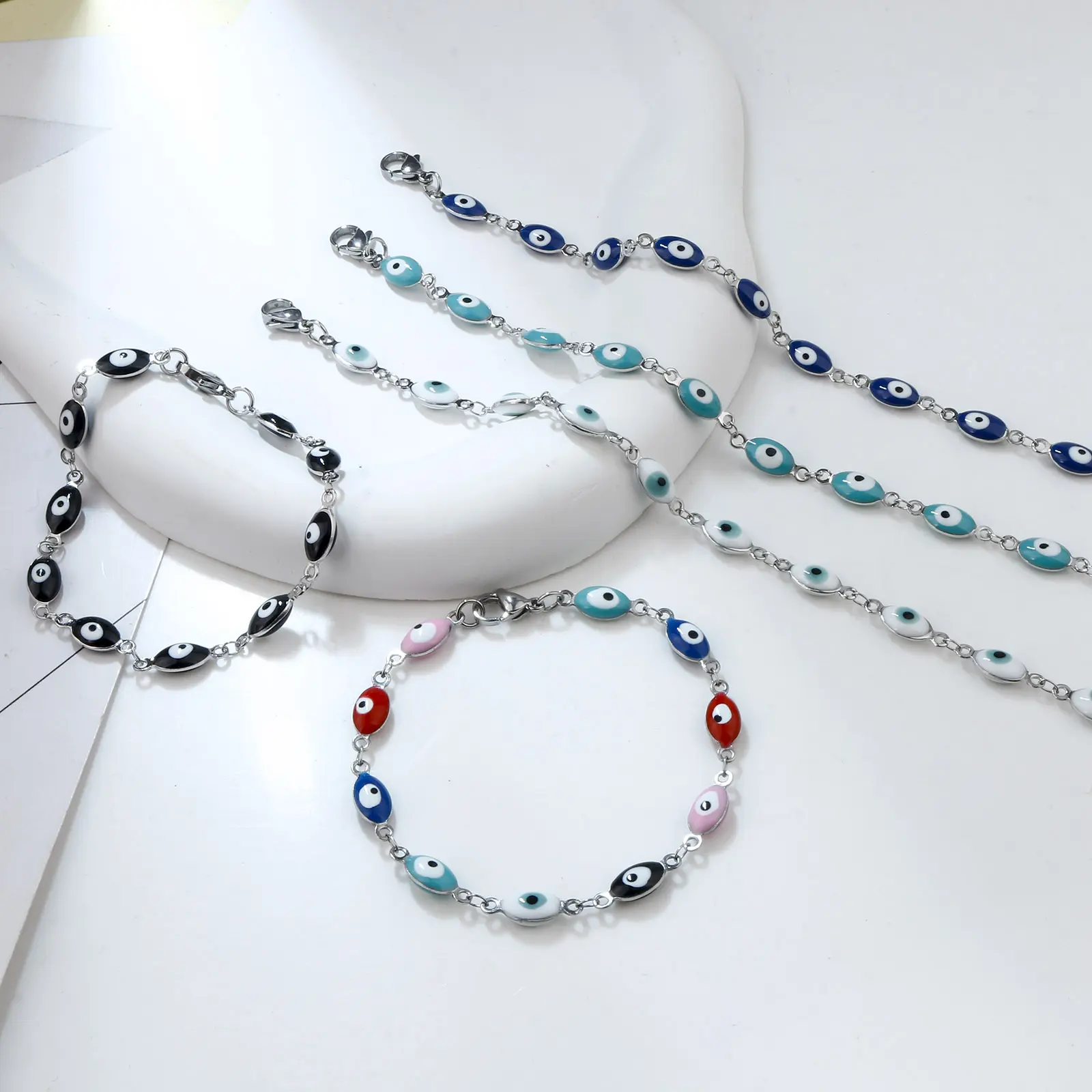304 Stainless Steel Religious Bracelets Silver Color Multicolor Olive Evil Eye Enamel Jewelry Gifts 18.5cm(7 2/8") long, 1 Piece