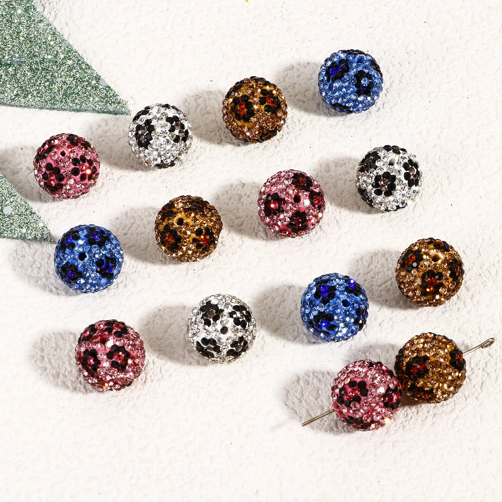 2 Piece Bling Rhinestone Beads Leopard Print Pattern Polymer Clay Beads Round Pave For Diy Jewelry Making Findings 16mm Dia.