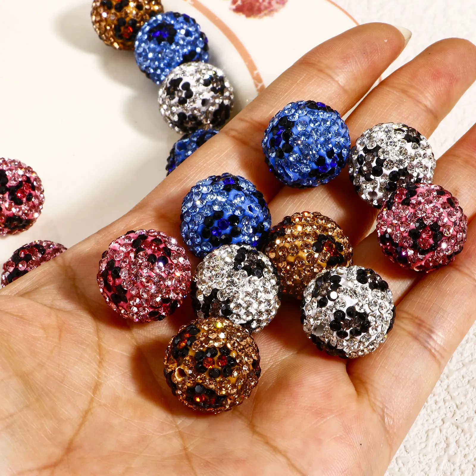 2 Piece Bling Rhinestone Beads Leopard Print Pattern Polymer Clay Beads Round Pave For Diy Jewelry Making Findings 16mm Dia.