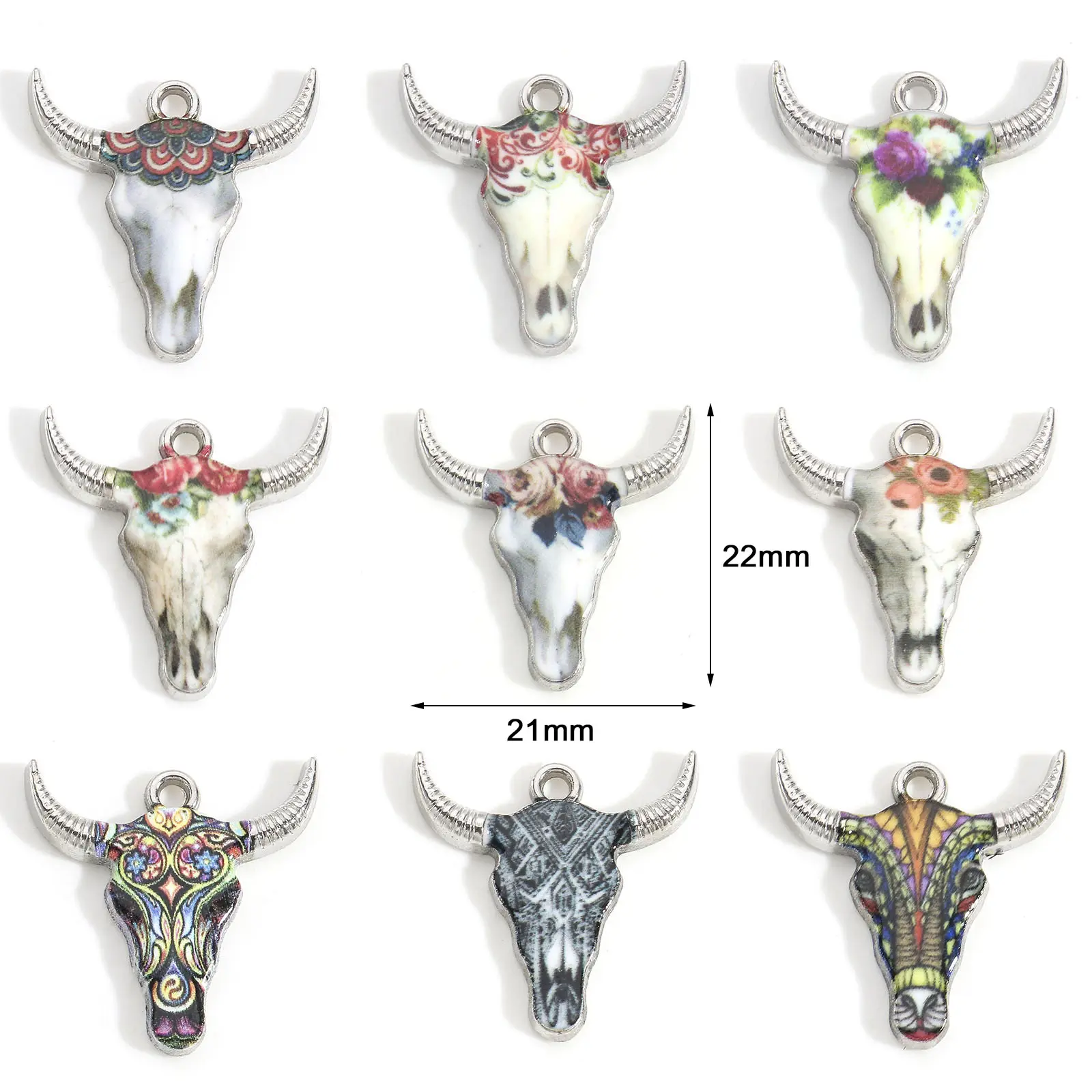 10 PCs Zinc Based Alloy Bull Head/ Cow Head Charms Silver Color Metal Enamel Animal Pendants For Diy Jewelry Making 22mm X 21mm