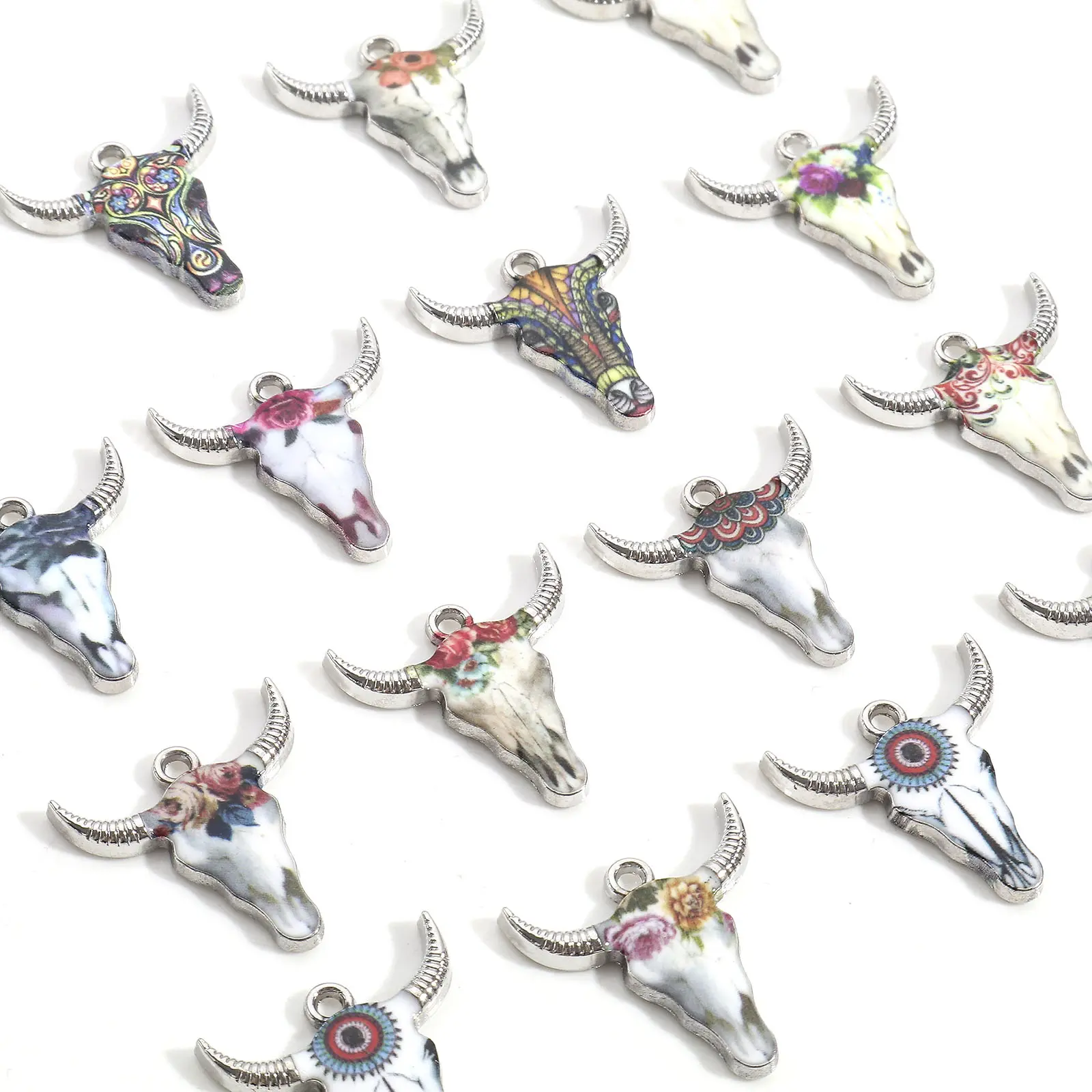 10 PCs Zinc Based Alloy Bull Head/ Cow Head Charms Silver Color Metal Enamel Animal Pendants For Diy Jewelry Making 22mm X 21mm