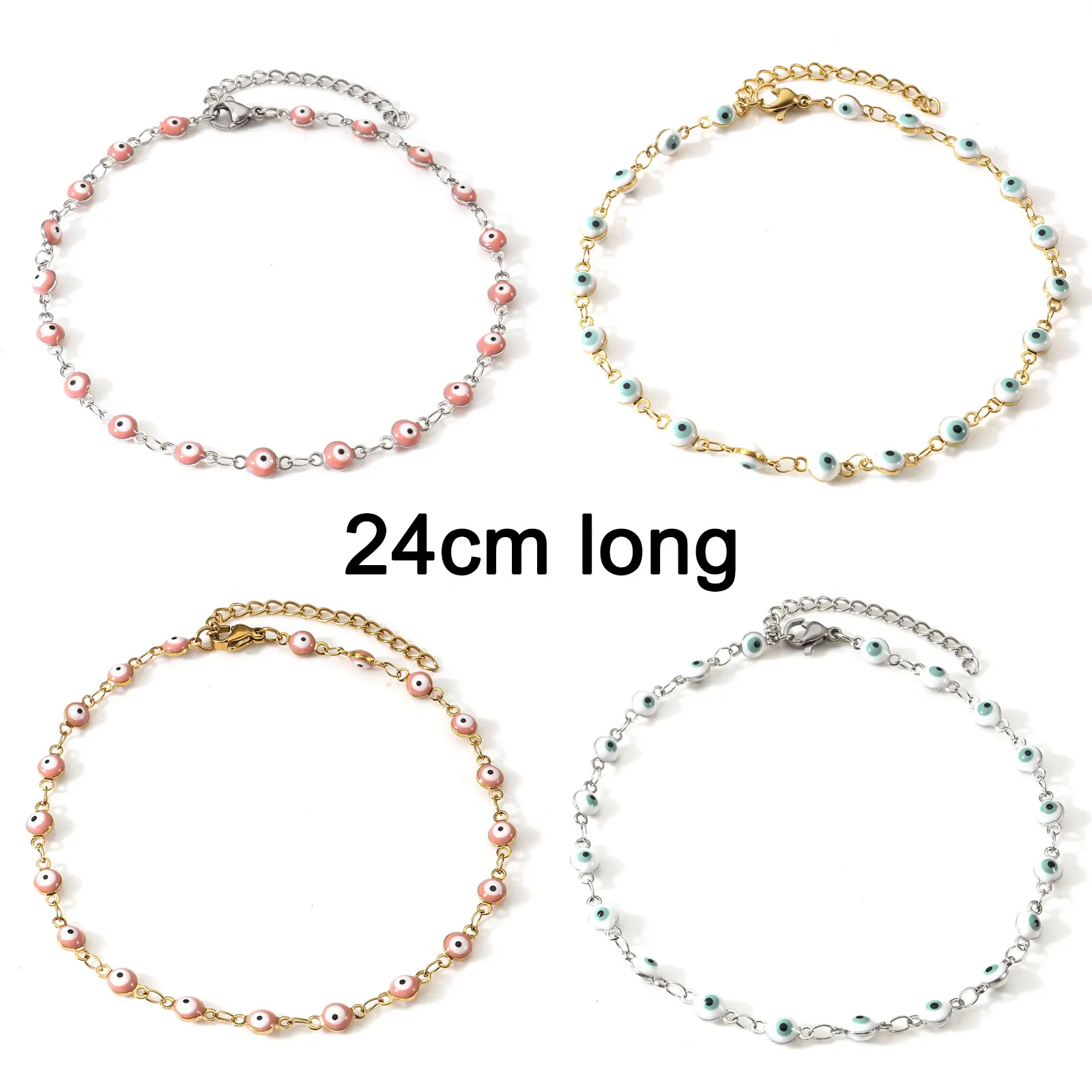 304 Stainless Steel Enamel Anklet Link Cable Chain Enamel Evil Eye For Women Beach Foot Anklet Show 24cm(9 4/8") long, 1 Piece
