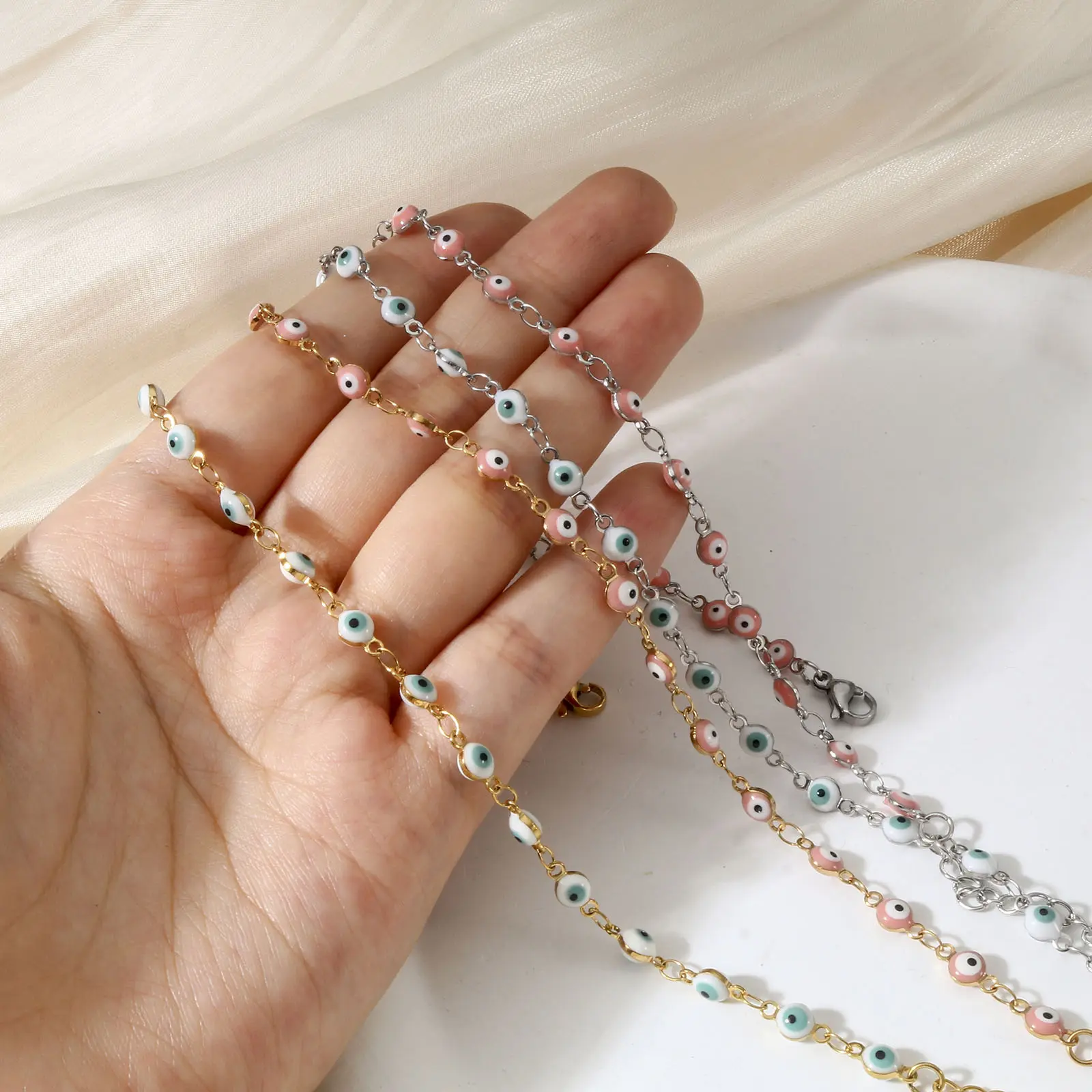 304 Stainless Steel Enamel Anklet Link Cable Chain Enamel Evil Eye For Women Beach Foot Anklet Show 24cm(9 4/8") long, 1 Piece